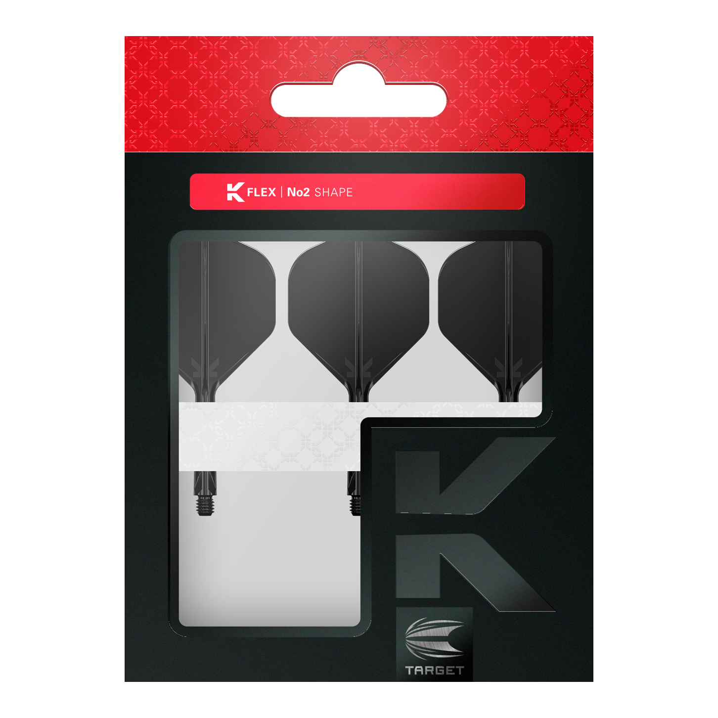 Target K-Flex No2 Standard Flight System - Nero Die Abbildung zeigt eine Verpackung mit drei schwarzen Dartflights der Marke Target in No2-Form. Die Verpackung ist hauptsächlich schwarz mit einem roten oberen Bereich und einem Sichtfenster, das die Flights präsentiert.