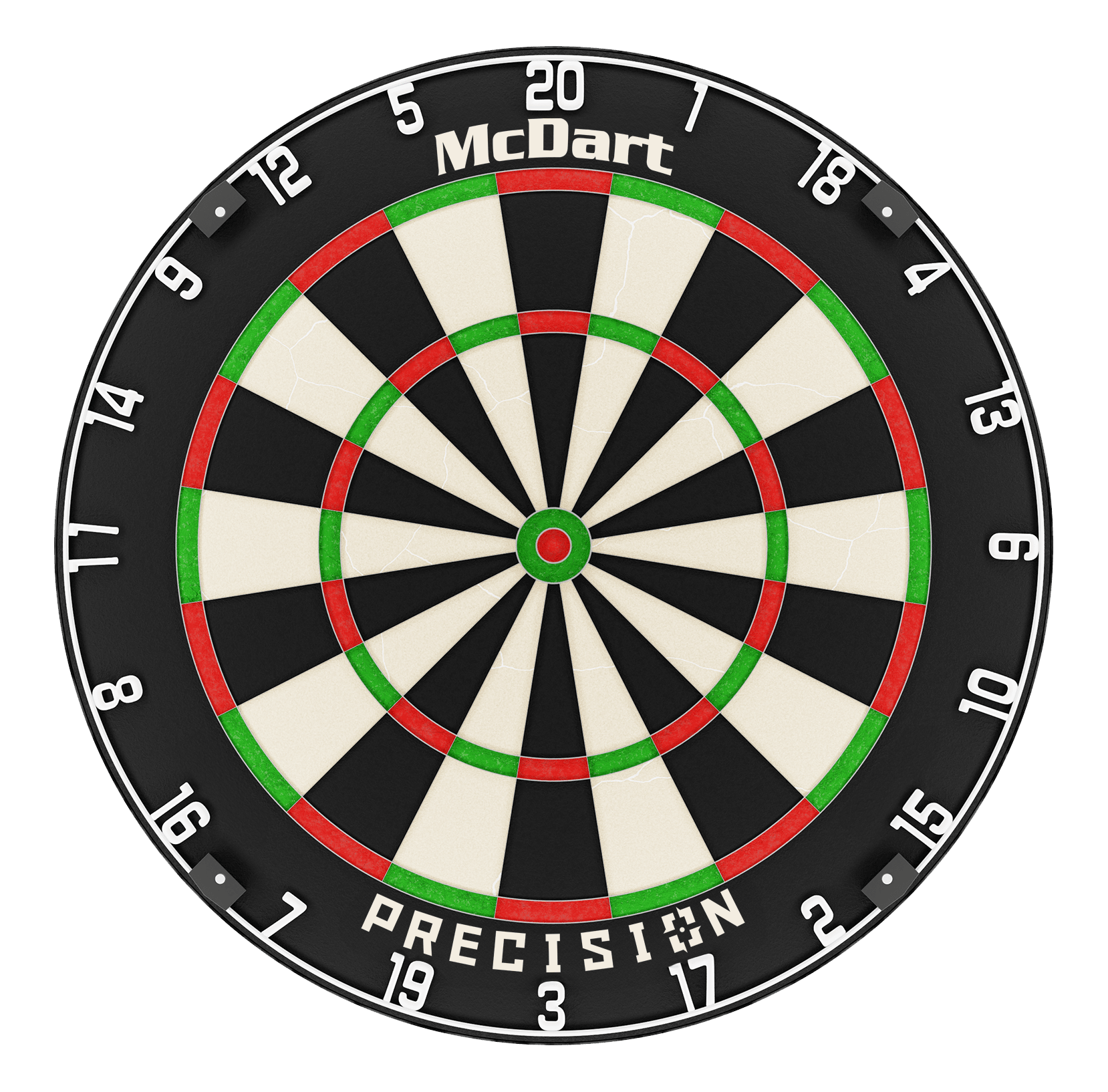 Bersaglio per freccette in acciaio di precisione McDart McDart Precision Steeldartboard ist auf dem Bild zentral dargestellt. Die Dartsegmente sind schwarz und weiß.