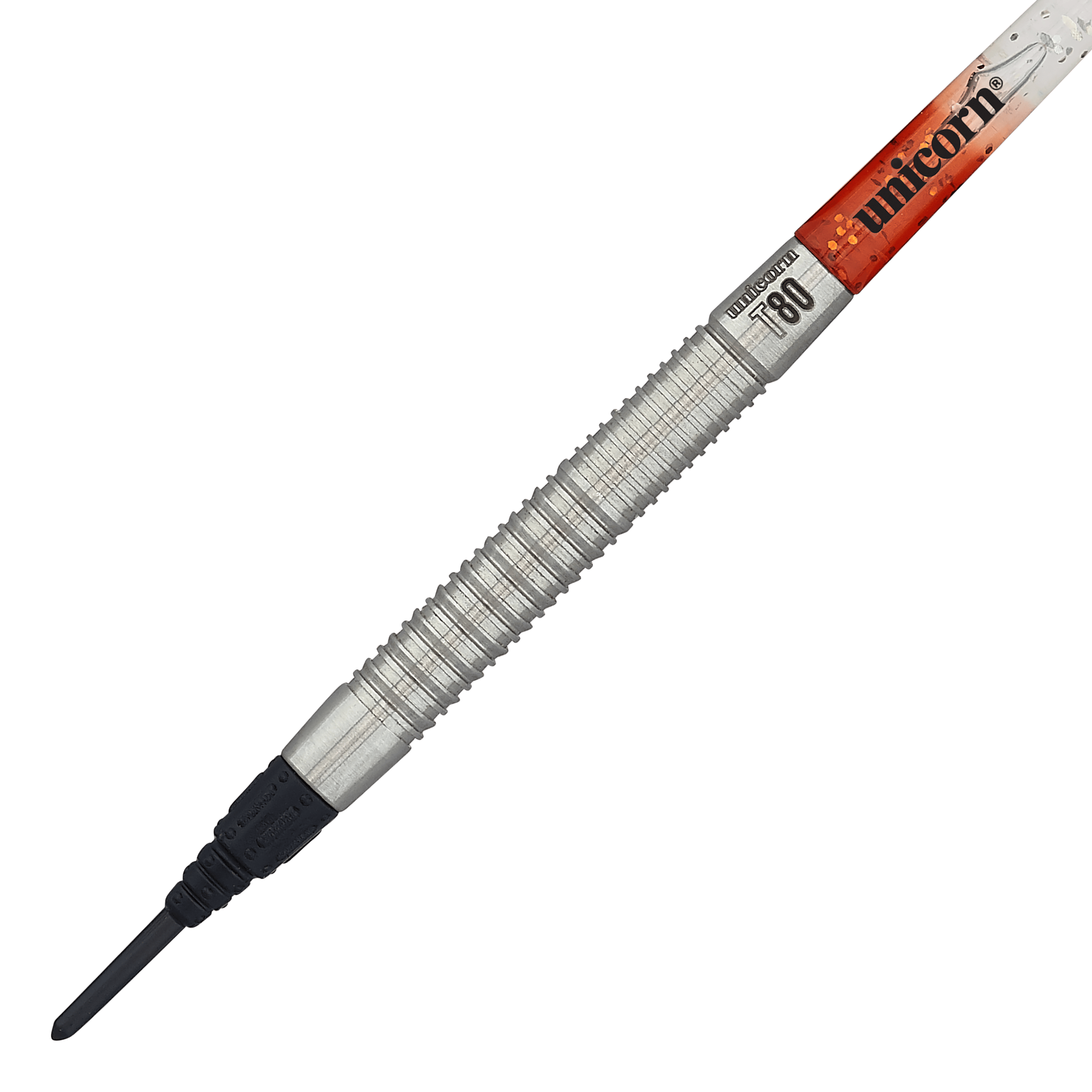 Freccette morbide Unicorn Core XL Striker Style 1 - 19 g Das Bild zeigt einen Unicorn Core XL Striker Style 1 Softdart mit 19 Gramm Gewicht. Der Dart hat einen silbernen, geriffelten Griff und eine schwarze Softspitze.