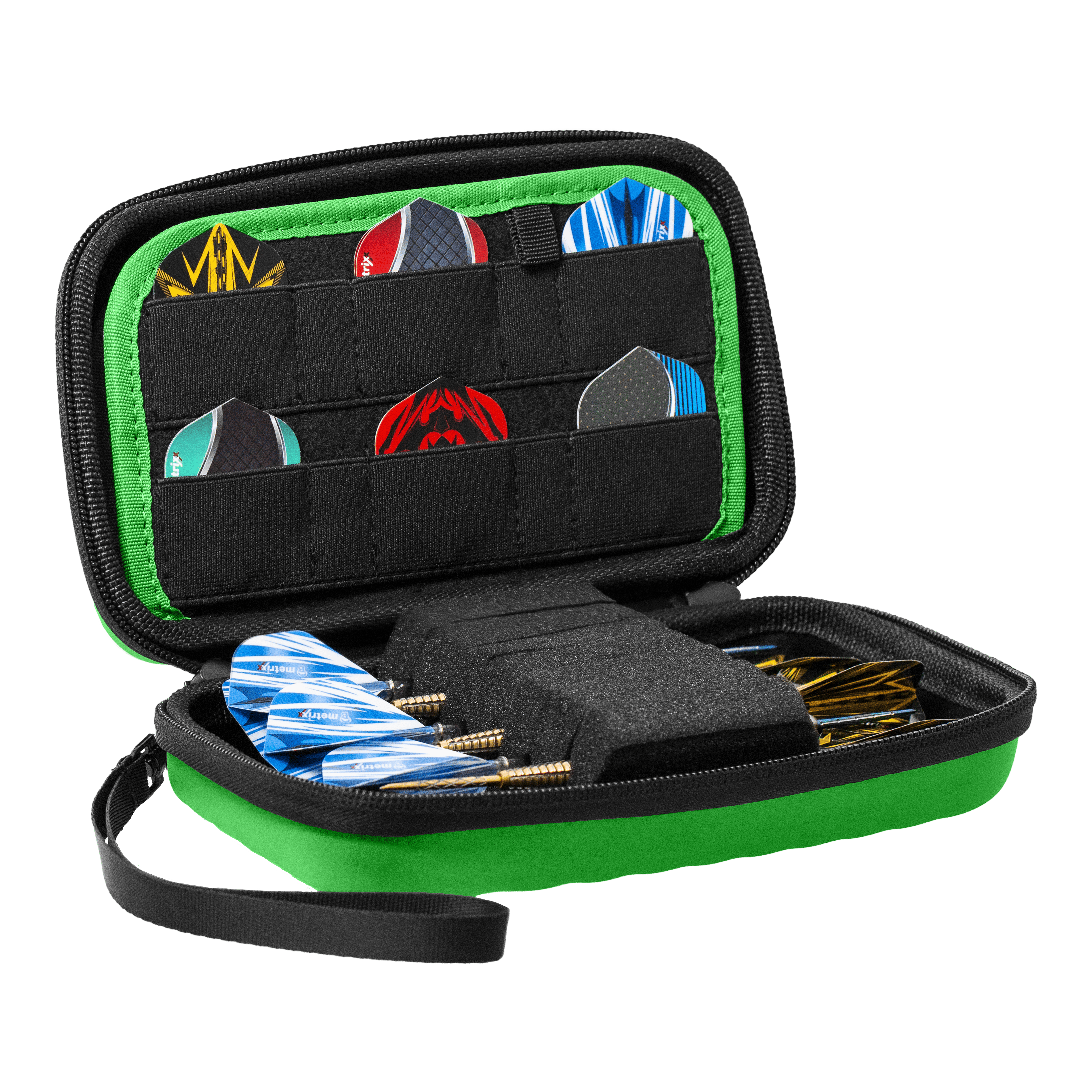 Custodia per freccette Bulls Orbis XL - Verde Das Bulls Orbis XL Dartcase in Grün ist auf dem Bild zu sehen. Es bietet ausreichend Stauraum für verschiedene Dartteile.