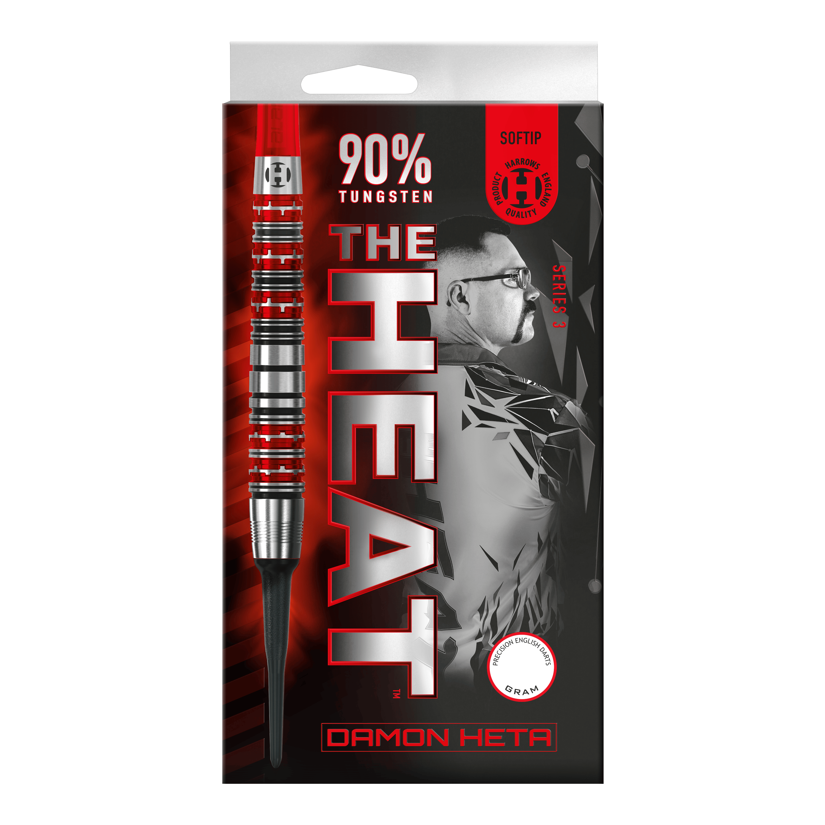 Freccette morbide Damon Heta Series 3 di Harrow Die Abbildung zeigt die Verpackung der "Harrows Damon Heta Series 3 Softdarts". Auf der Verpackung stehen "90% Tungsten" und ein Porträt von Damon Heta im Hintergrund.