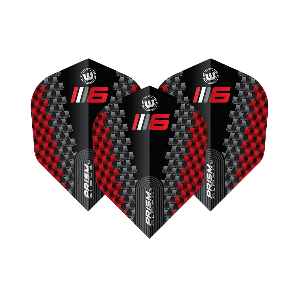 Voli Winmau Prism Alpha Blade 6 Chevron No6 Das Bild zeigt drei Dart-Flights des Modells "Winmau Prism Alpha Blade 6 Chevron No6". Die Flights haben ein schwarzes Design mit roten und silbernen Karomustern sowie der Aufschrift „6“ und „PRISM ALPHA“.