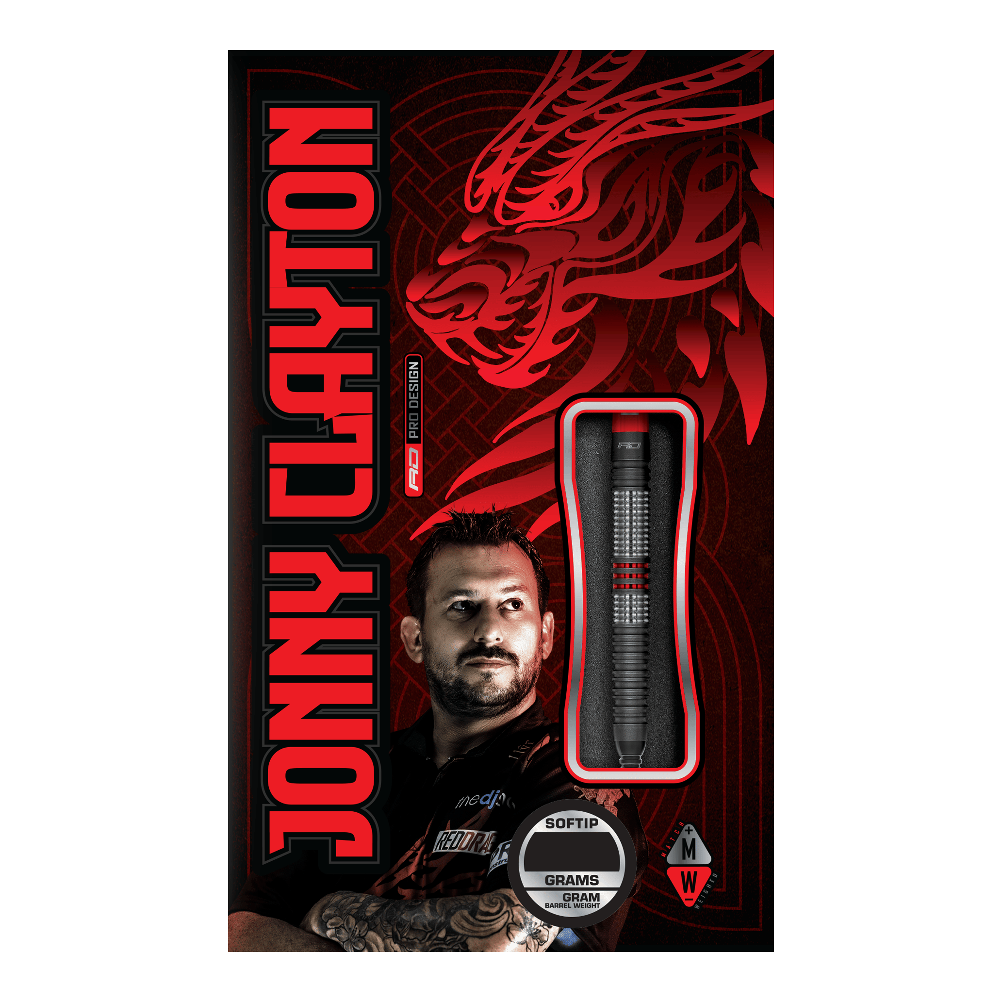 Freccette morbide Red Dragon Jonny Clayton Hiraeth - 20 g Die Abbildung zeigt die Verpackung der „Red Dragon Jonny Clayton Hiraeth Softdarts - 20g“. Auf der Vorderseite sind der Dart, ein Porträt von Jonny Clayton und ein roter Drachen als Design-Element zu sehen.