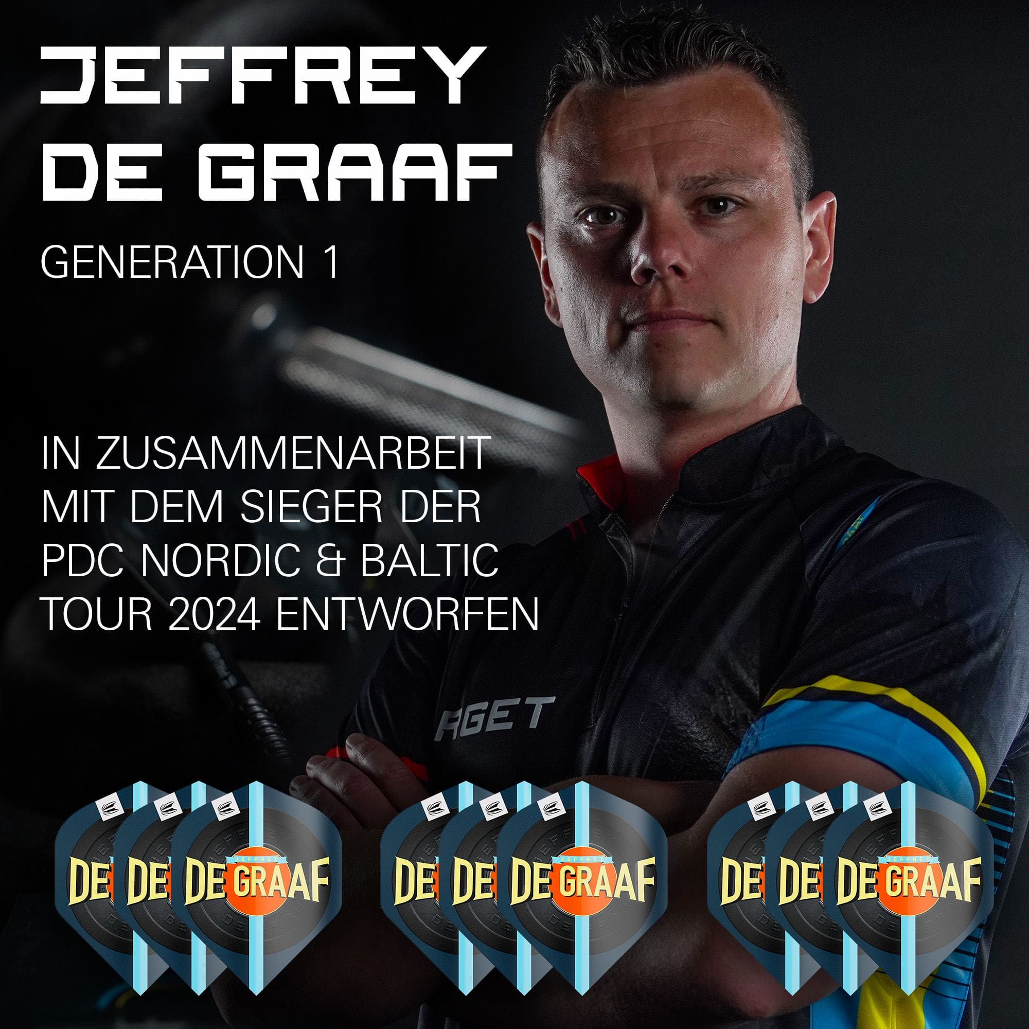Target Pro Ultra Jeffrey De Graaf GEN1 No2 Standard Flights - 3 set Das Bild zeigt Jeffrey de Graaf neben dem Produkt "Target Pro Ultra Jeffrey De Graaf GEN1 No2 Standard Flights - 3 Sets". Unten im Bild sind die drei Sätze der Flights mit dem Aufdruck "DE GRAAF" zu sehen.