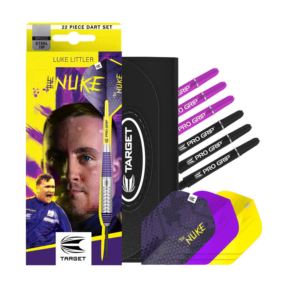 Freccette Target Luke Littler in ottone e acciaio - 22 g Das Bild zeigt das Produkt "Target Luke Littler Brass Steeldarts - 22g" mit buntem Verpackungsdesign. Im Set sind verschiedene Dartflights, Schäfte und eine praktische Aufbewahrungstasche enthalten.