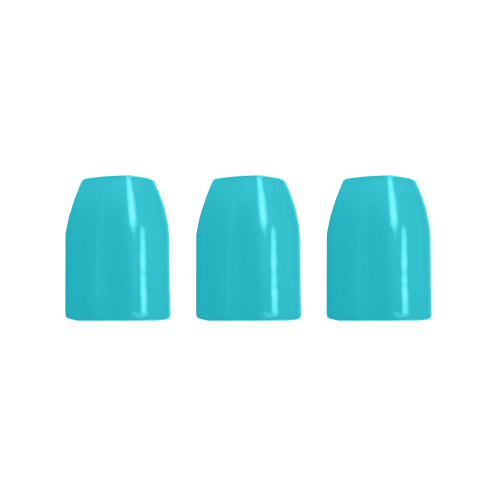 LSF7_L-Style_Champagne-Ringe_Hellblau_2 Das Bild zeigt drei hellblaue, zylindrische Objekte in einer Reihe. Sie haben eine glatte, glänzende Oberfläche.