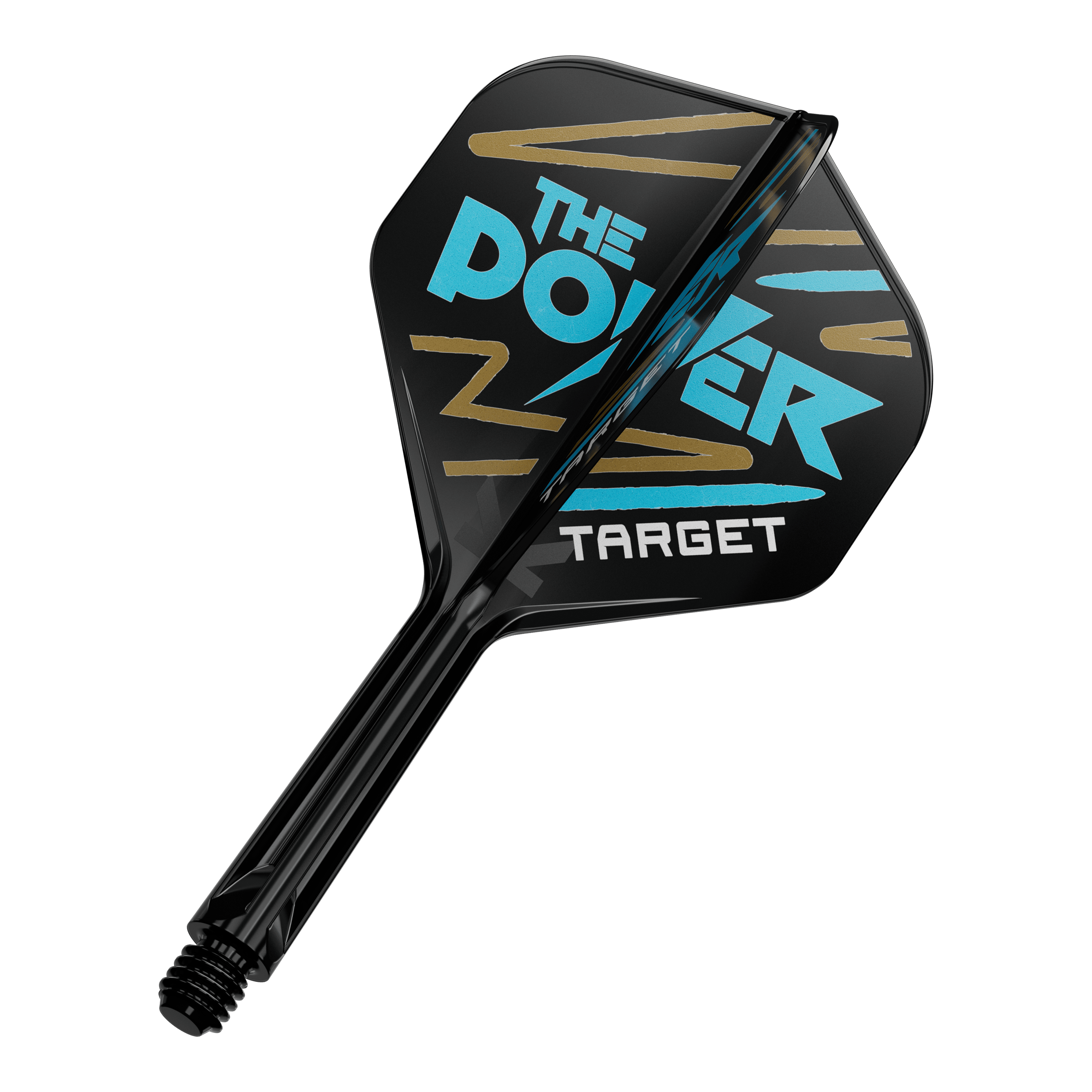 Sistema di alberi di volo standard Target K-Flex Phil Taylor No2 Das Bild zeigt einen Dartpfeil mit schwarzem Flight und blauer sowie goldener Aufschrift. Auf dem Flight steht "THE POWER TARGET" in auffälligen Buchstaben.