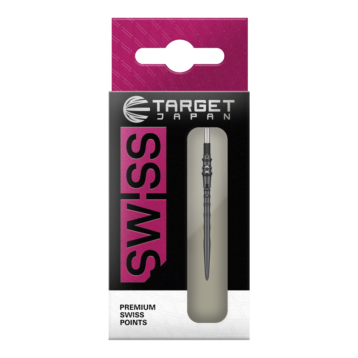 Punte per freccette Target Japan Premium Swiss Point in acciaio - Nere Das Bild zeigt die Target Japan Premium Swiss Point Steldartspitzen - Schwarz. Es handelt sich um hochwertige Steeldartspitzen für präzises Dartspiel.