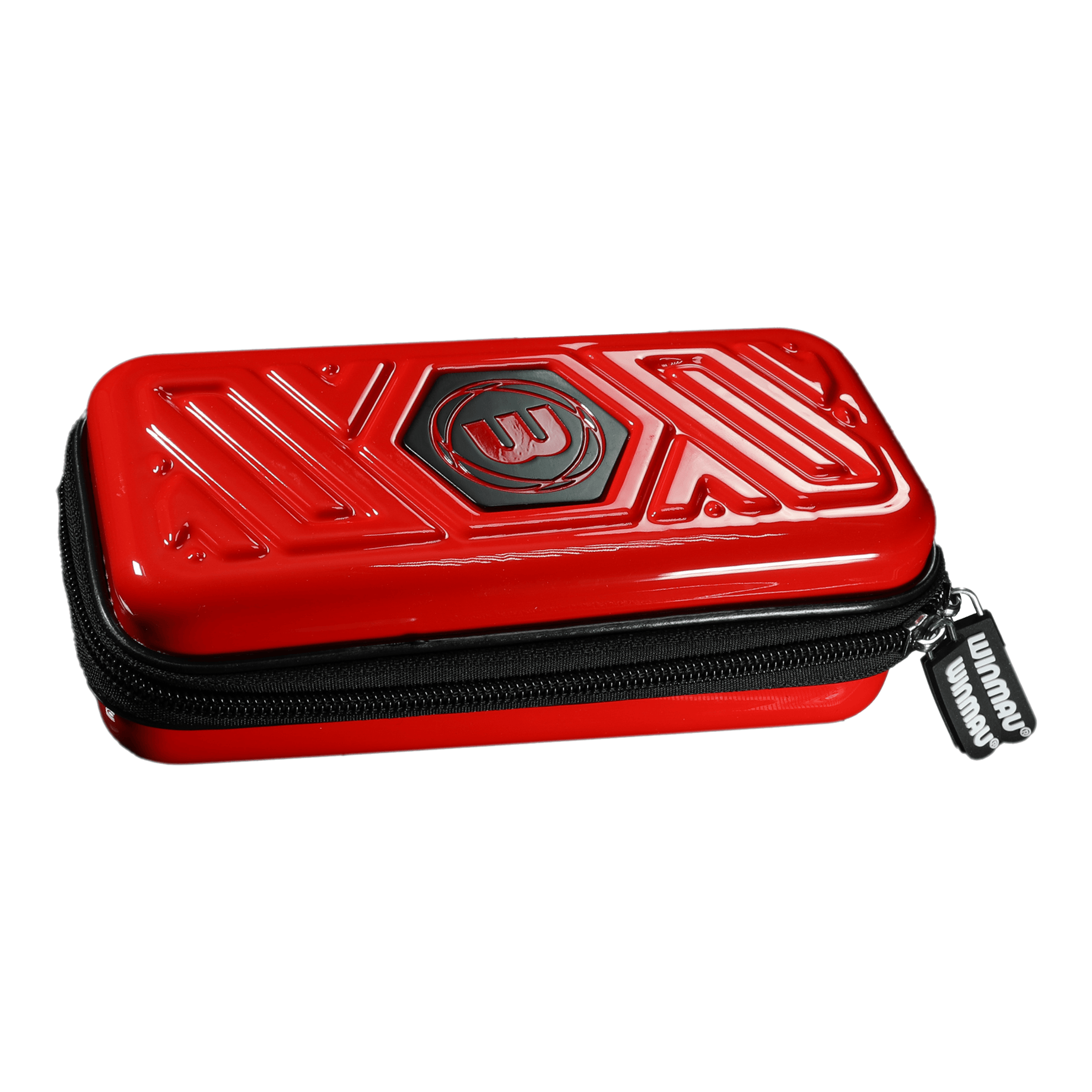 Portafoglio per freccette Winmau Armor G1 Das Bild zeigt ein rotes Dart-Etui mit einem schwarzen Reißverschluss. Auf der Oberseite befindet sich ein eingeprägtes Muster und das Winmau-Logo.