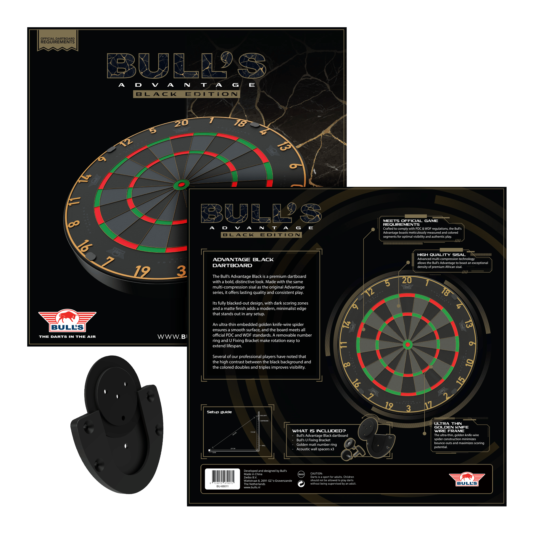 Bersaglio per freccette in acciaio Bulls NL Advantage Black Edition Das Bild zeigt das Bulls NL Advantage Black-Edition Steeldartboard. Dies ist eine schwarze Dartscheibe für Steeldart-Spiele.