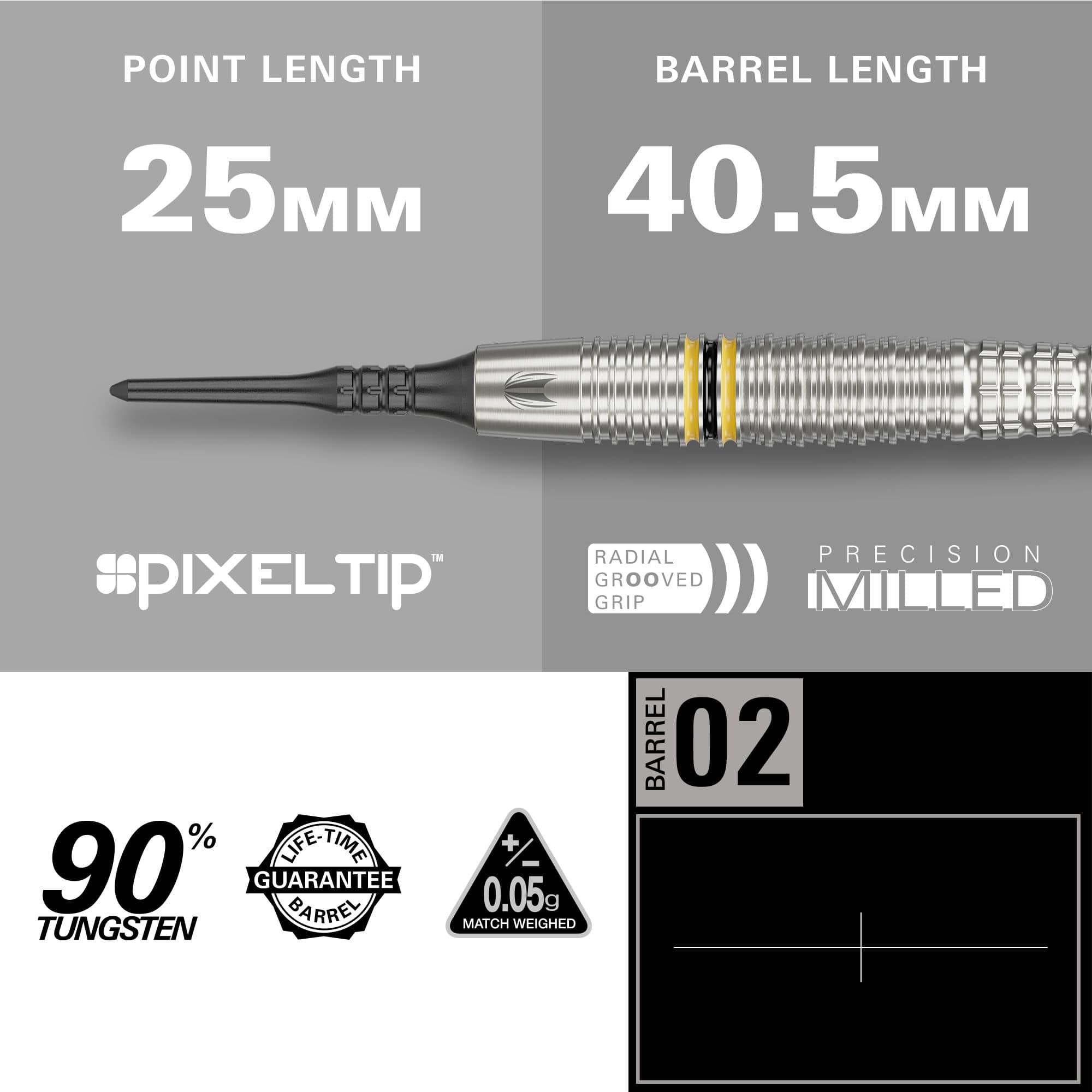 Freccette morbide Target Scott Williams GEN2 - 18 g Das Bild zeigt die Target Scott Williams GEN2 Softdarts mit einer Spitzenlänge von 25 mm und einer Barrel-Länge von 40,5 mm. Der Dart besteht zu 90 % aus Tungsten und verfügt über eine präzise gefräste, radial gerillte Griff-Fläche.