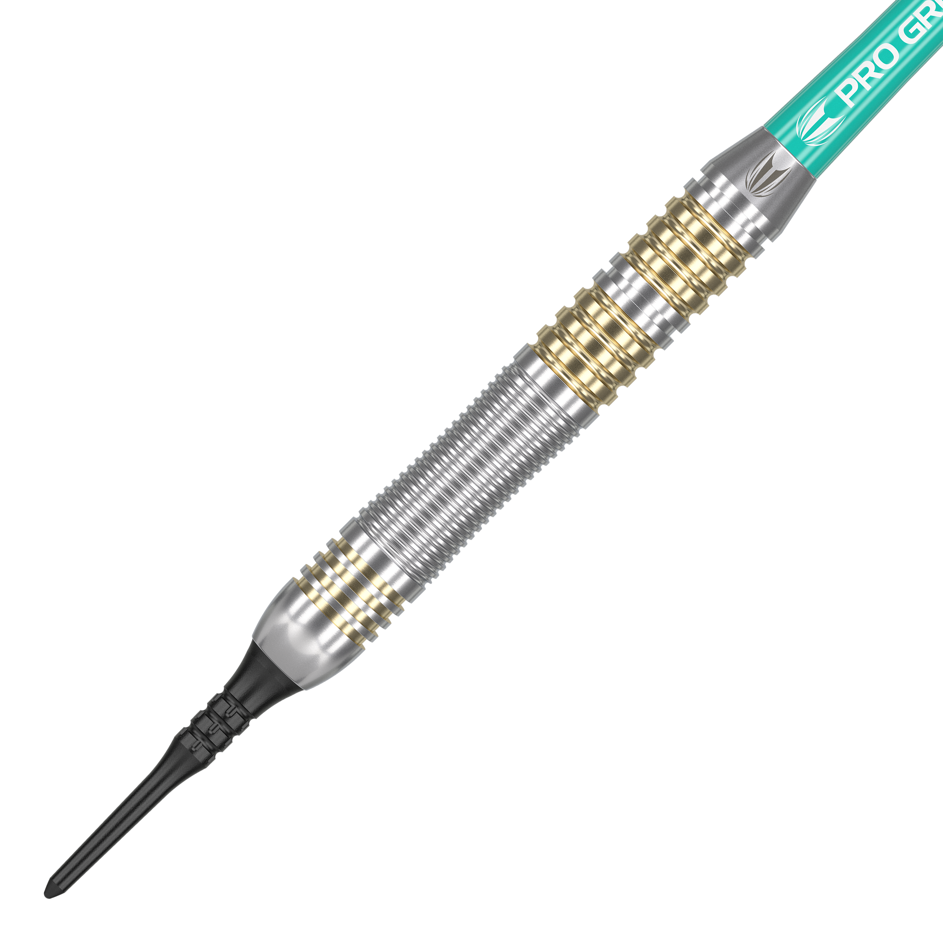 Freccette morbide Target Rob Cross in ottone - 18 g Das Bild zeigt einen Target Rob Cross Brass Softdart mit einem Gewicht von 18 Gramm. Der Dartpfeil hat ein silbernes und goldenes Rillen-Design sowie eine schwarze Kunststoffspitze.