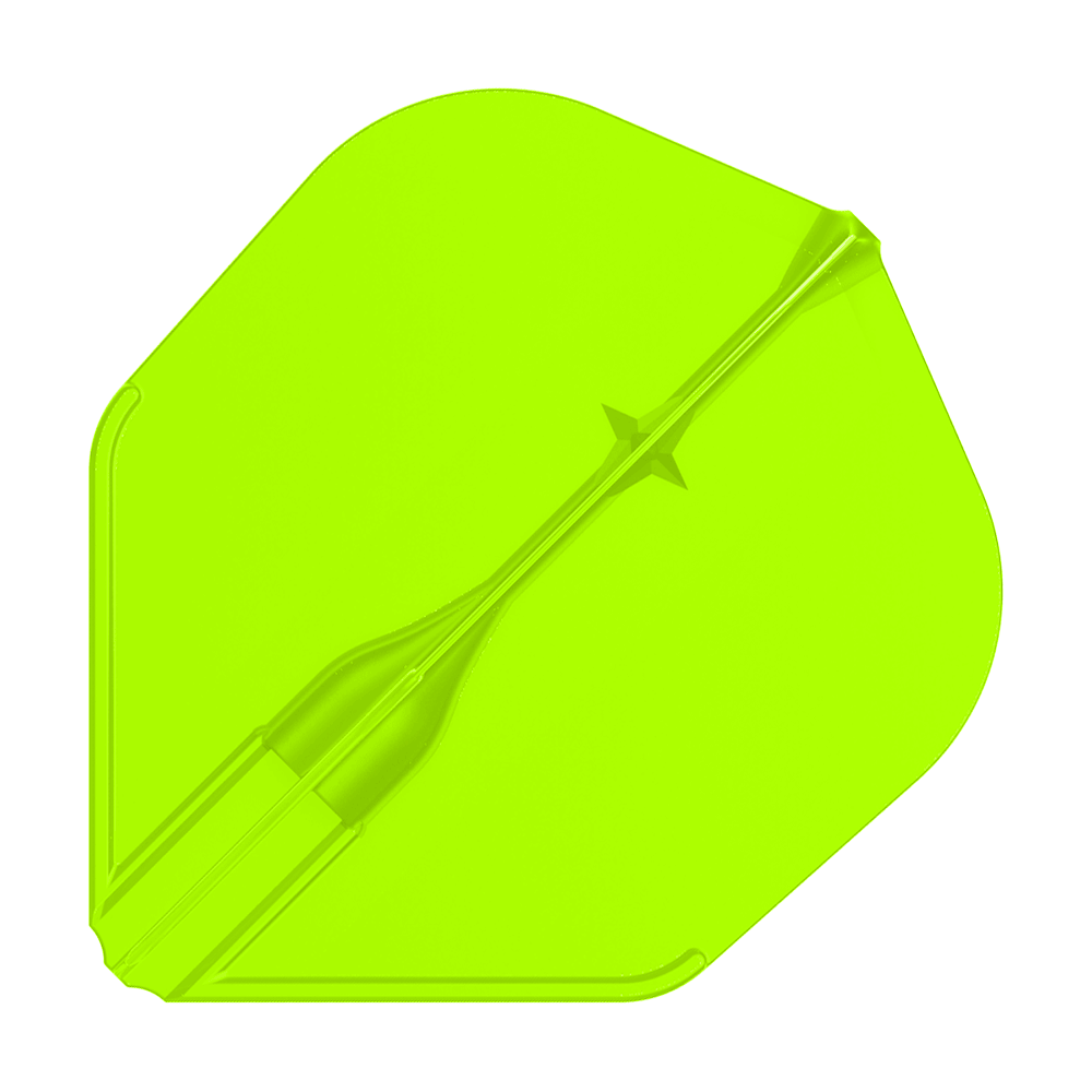 Voli L-L-Style3EZ Das Bild zeigt eine leuchtend grüne Dartflight-Flosse. Sie hat eine leicht transparente Oberfläche und eine klassische Form.