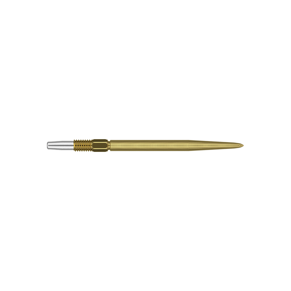 Target Swiss Point Nano Dart Tips - Oro Dies ist eine goldfarbene Dartspitze mit feiner Riffelung. Sie hat am Ende ein silbernes Verbindungsstück.