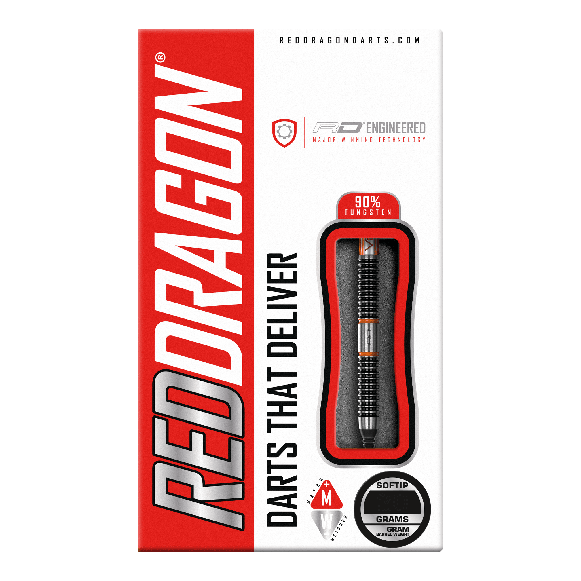 Red Dragon Amberjack 18 freccette morbide - 20 g Auf dem Bild ist die Verpackung der "Red Dragon Amberjack 18 Softdarts - 20g" zu sehen. Die Verpackung ist überwiegend rot und weiß und zeigt einen Softdart mit 90% Tungsten.