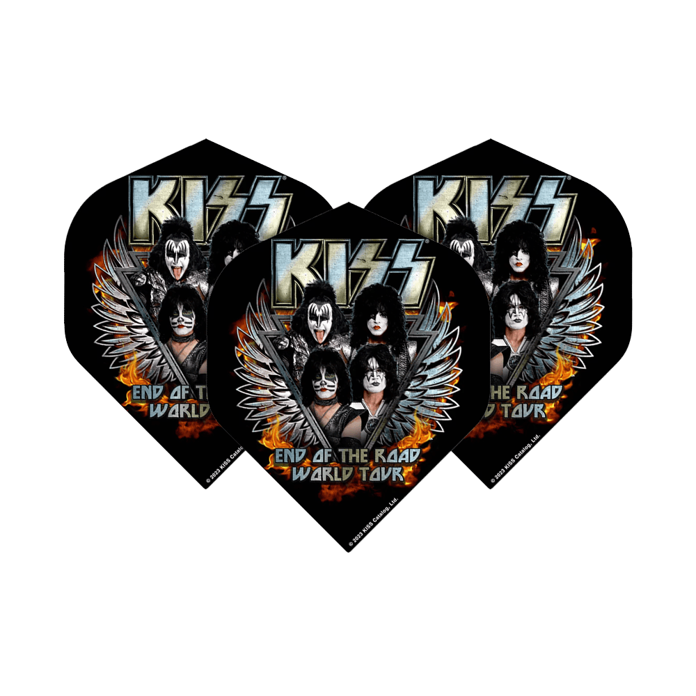 Das Bild zeigt drei Standard-Flights für Dartpfeile mit dem Motiv der Band KISS und dem Schriftzug "End of the Road World Tour". Auf den Flights sind die Bandmitglieder mit ihrem typischen Make-up und Flügeln abgebildet.