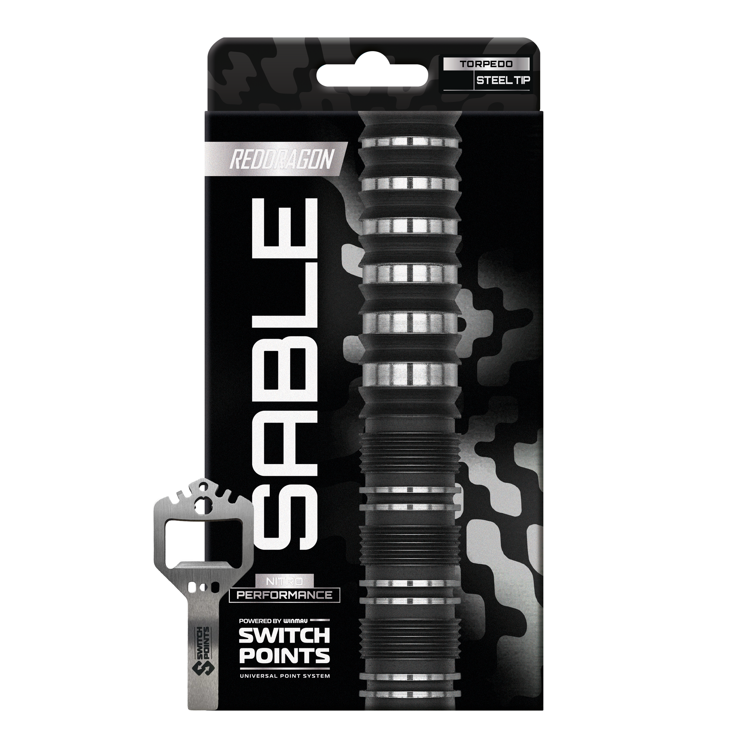 Hier sieht man die Red Dragon Sable Torpedo Switch Point Steeldarts einzeln dargestellt. Die Oberfläche und das Material der Darts sind gut zu erkennen.