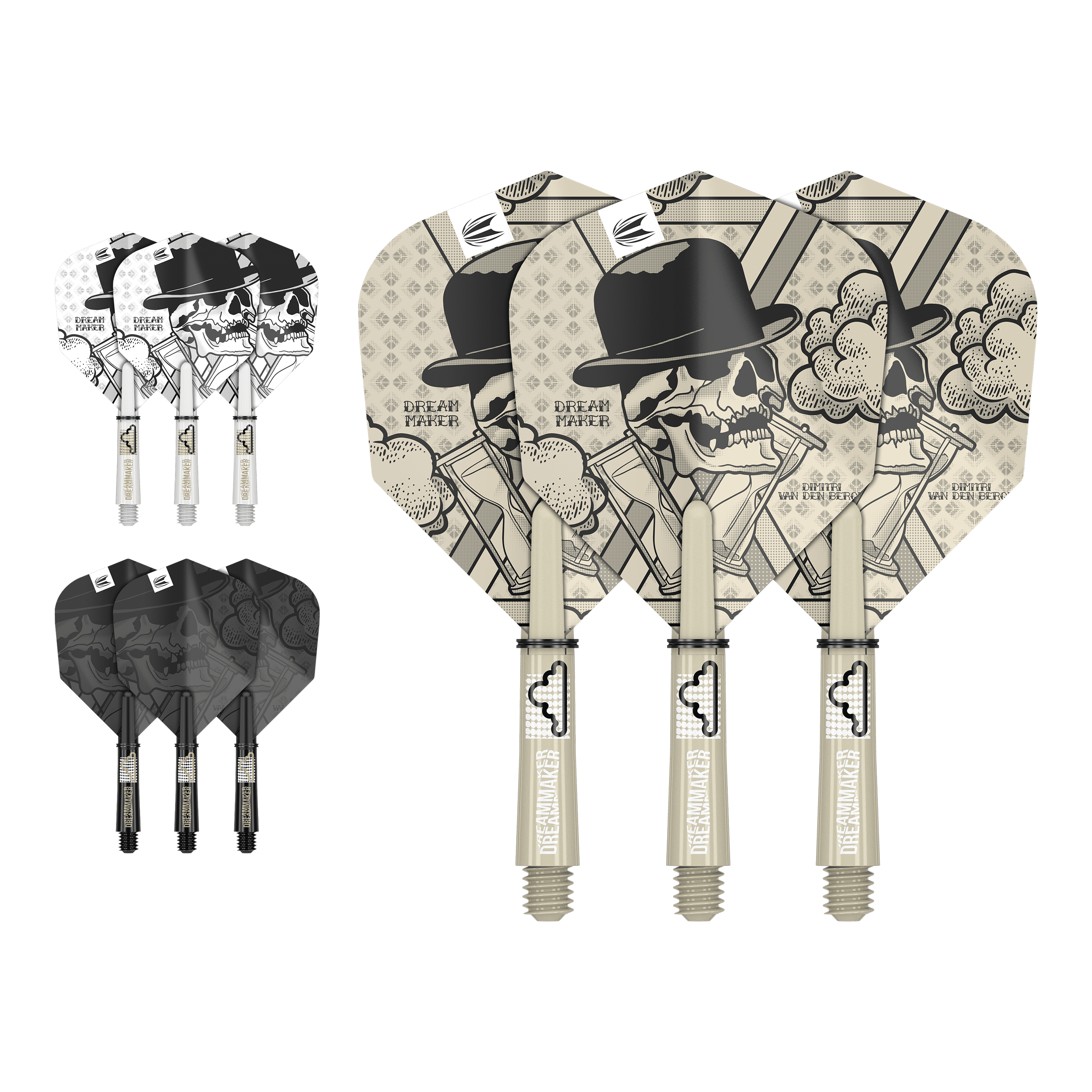 Kit per asta di volo Target Ink Dimitri Van Den Bergh Das Bild zeigt drei unterschiedlich gestaltete Dartflights und -schäfte mit einem Totenkopf-Motiv und dem Text "Dream Maker". Die Designs sind in den Farben Beige, Schwarz und Weiß gehalten.