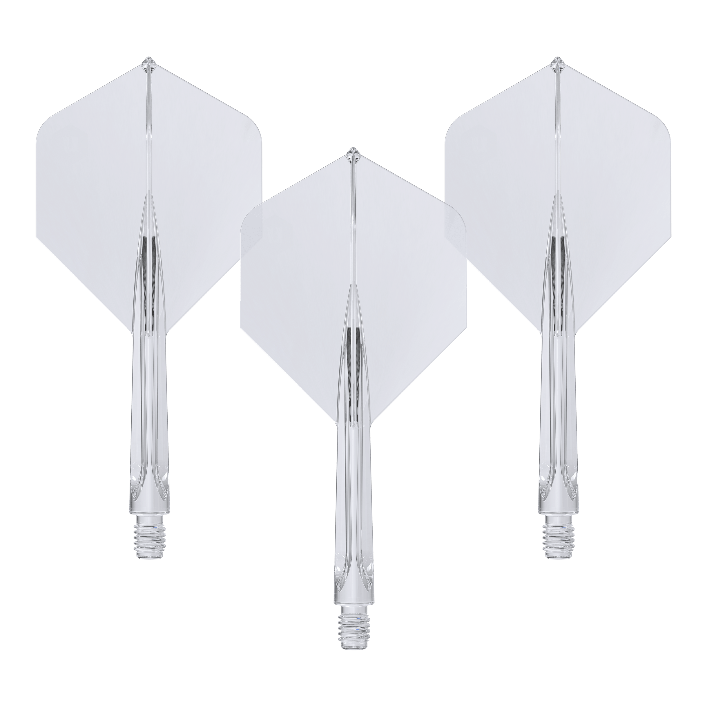 Unicorn Forge All In One Plus No2 Standard Flights Trasparente - Medio Das Bild zeigt drei klare, mittellange Unicorn Forge All In One Plus No2 Standard Flights. Sie sind durchsichtig und haben eine integrierte Flight- und Schaft-Konstruktion.