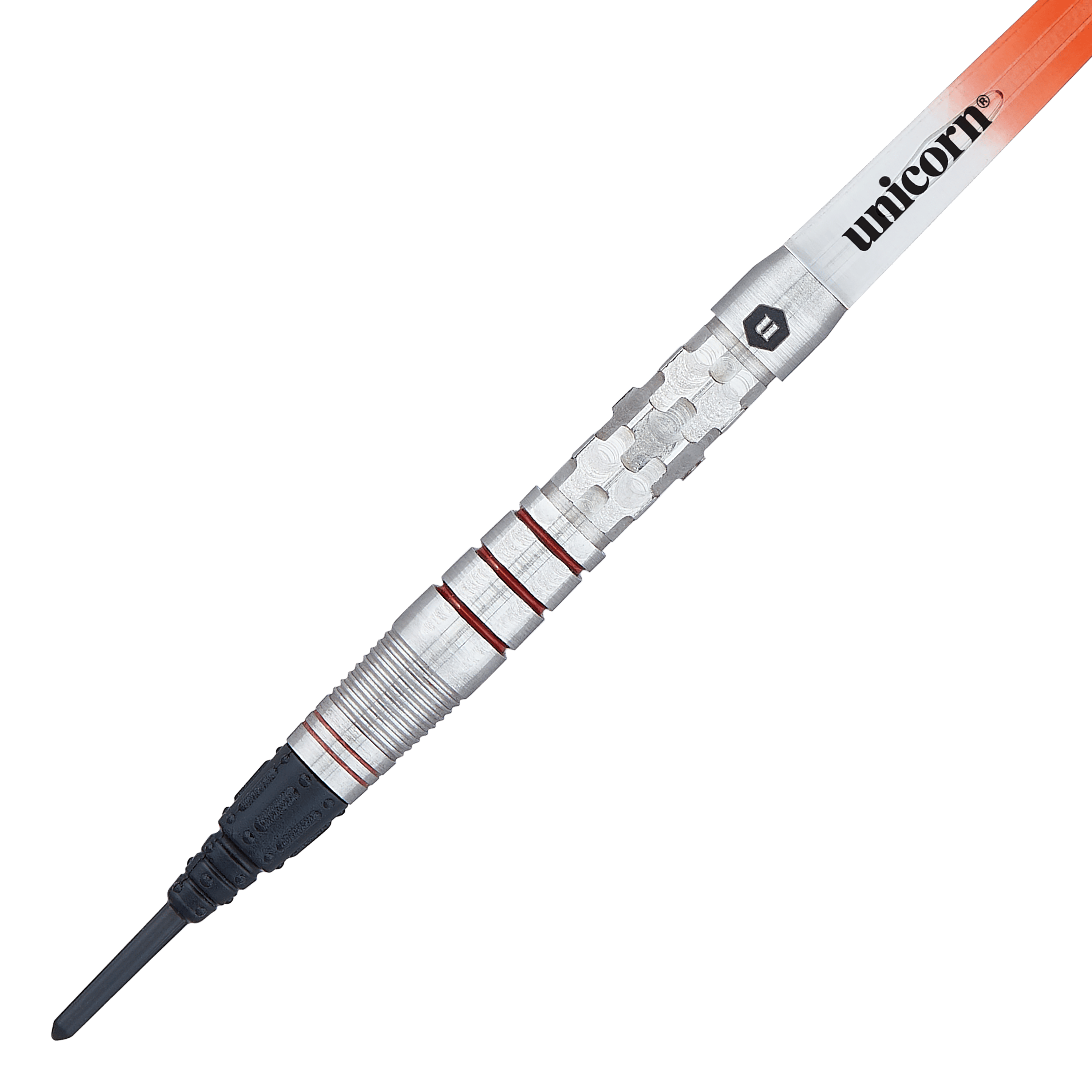 Unicorn Ballista Style 3 freccette morbide Das Bild zeigt einen Unicorn Ballista Style 3 Softdart. Der Dart hat ein silbernes Barrel mit roten Ringen und einer schwarzen Softspitze.