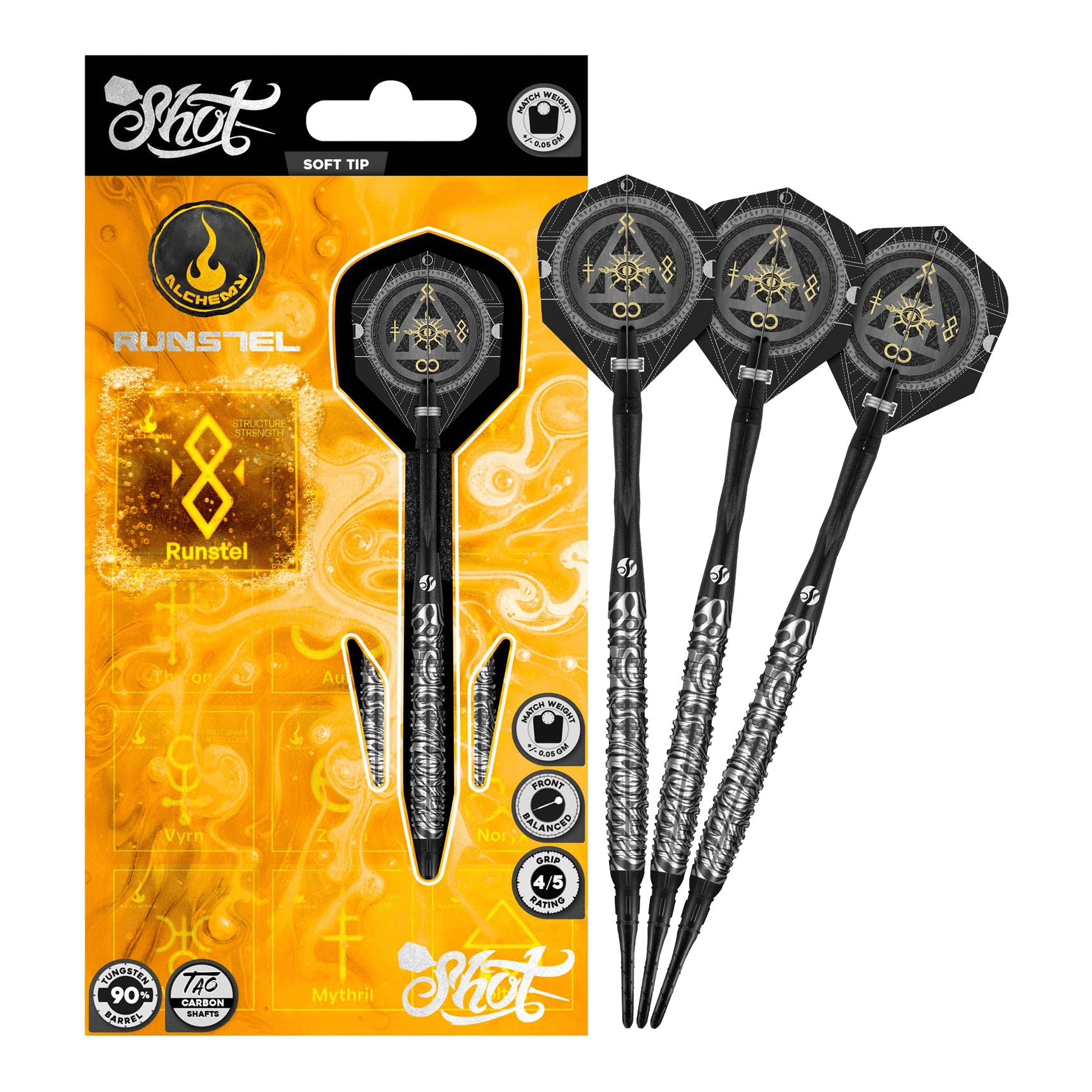 Freccette morbide Shot Alchemy Runstel - 20 g Das Bild zeigt die Shot Alchemy Runstel Softdarts mit 20 Gramm Gewicht. Die Darts sind vollständig und detailliert abgebildet.