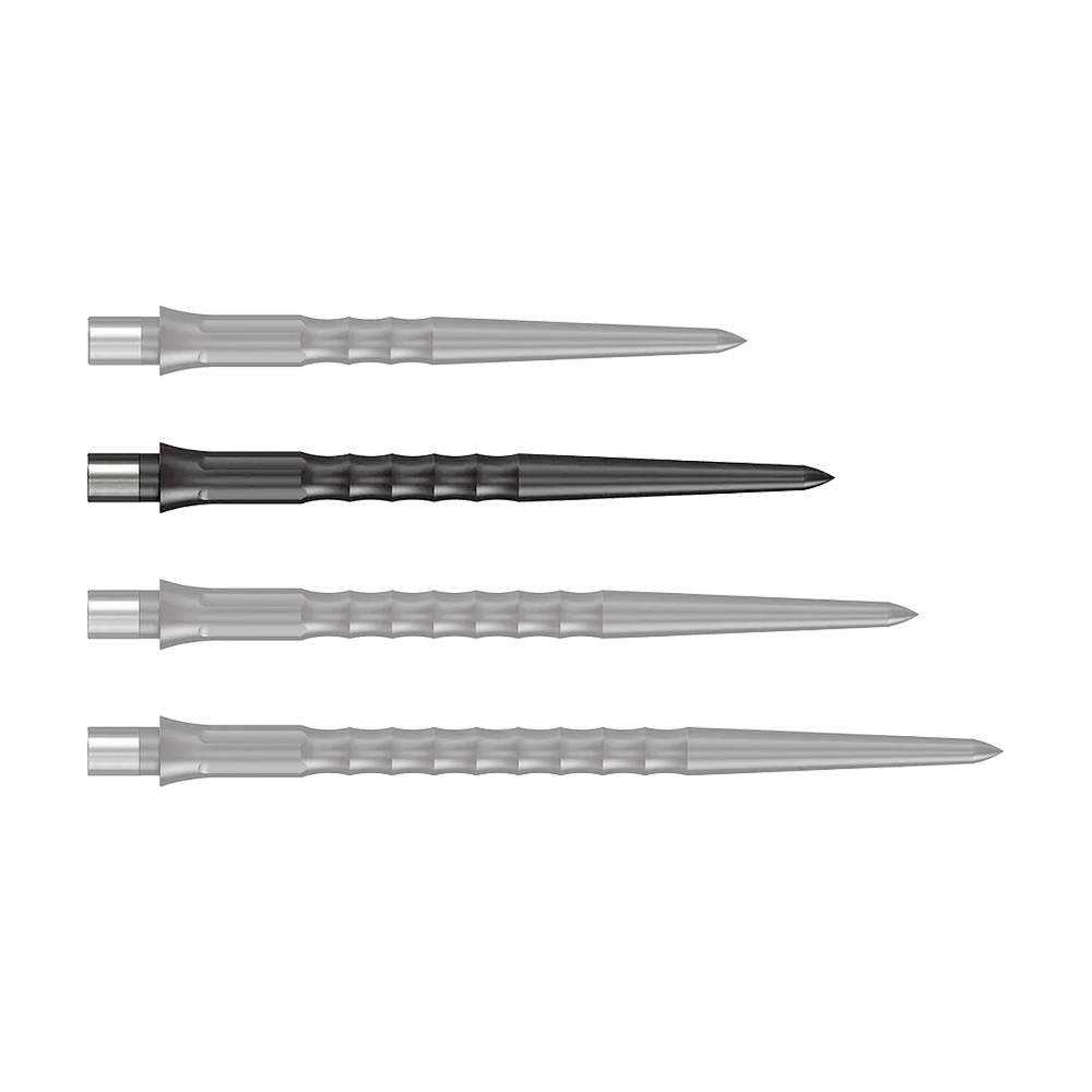 Punte Caliburn System Steeldart - Ripple - NoLip - Nere Auf dem Bild ist eine schwarze Steeldartspitze mit Ripple NoLip Design, 32 mm lang, zu sehen. Sie ist Teil des Caliburn Evo Systems.