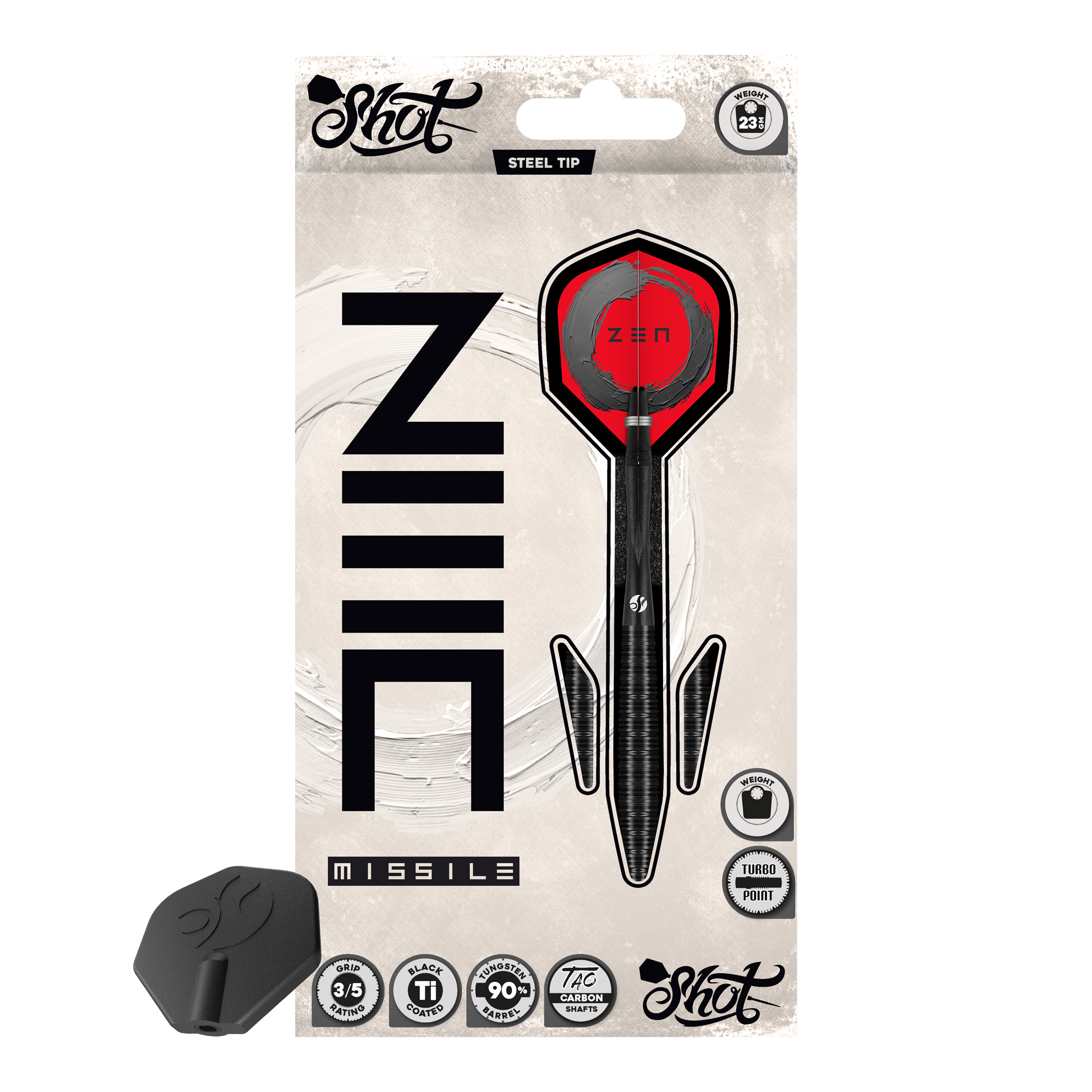 Dardi in acciaio Shot ZEN Missile Turbo Point - 23 g Das Bild präsentiert die Shot ZEN Missile Turbo Point Steeldarts - 23g. Diese sind besonders präzise und griffig gestaltet.