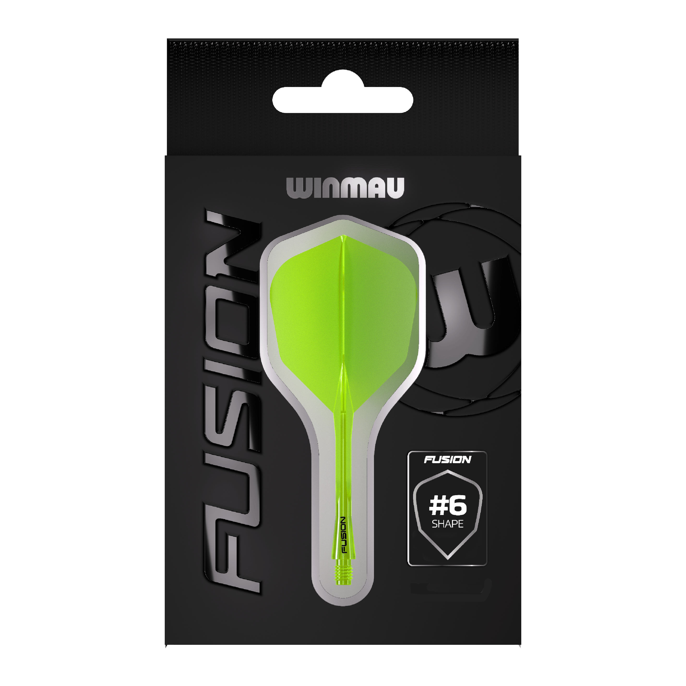 Sistema di alberi di volo a fusione Winmau n. 6 giallo neon Auf dem Bild ist eine Packung Winmau Fusion Flight Shaft System in Neon-Gelb zu sehen. In der Mitte der Verpackung befindet sich ein Flightsystem in Form #6.