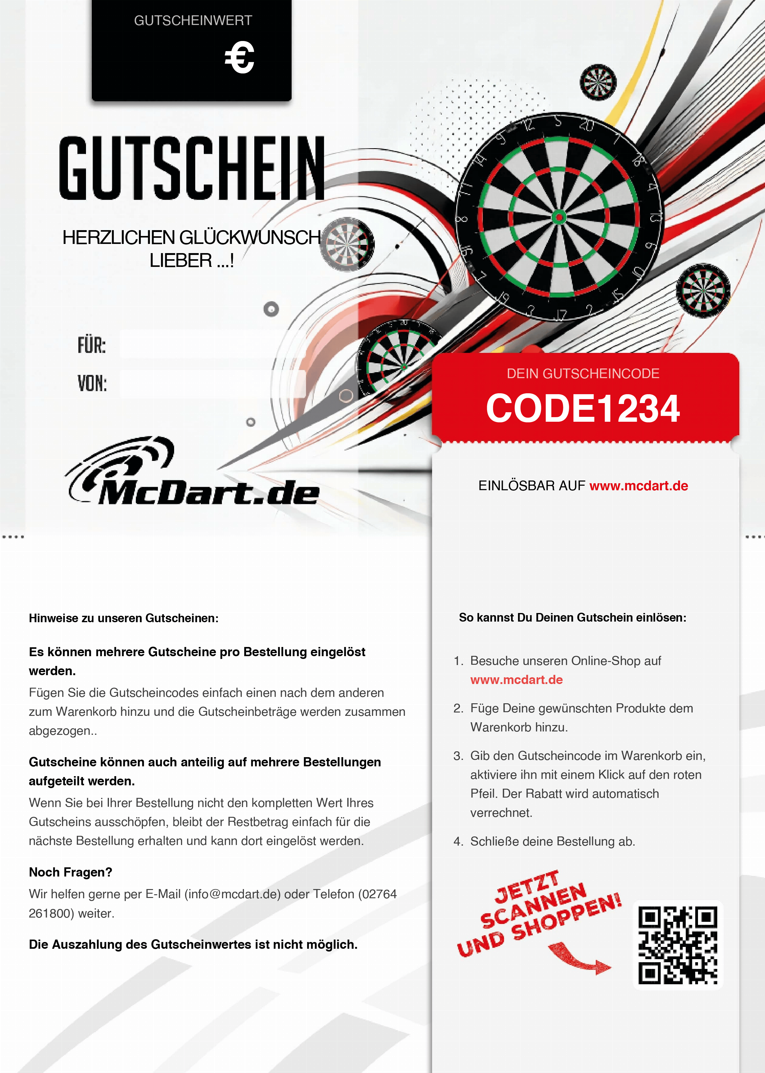 Buono - Bersagli per freccette Das Bild zeigt einen Gutschein für Dartboards von McDart.de mit einem individuellen Gutscheincode. Im Design sind mehrere Dartboards sowie Hinweise zur Einlösung des Gutscheins abgebildet.