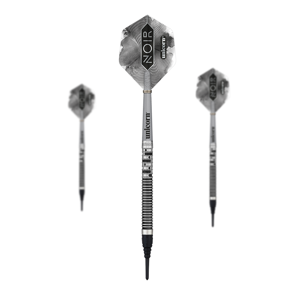 Unicorn Noir Gary Anderson Fase 5 Freccette Morbide Das Bild zeigt drei Softdarts der Marke „Unicorn Noir Gary Anderson Phase 5“. Die Darts haben ein elegantes, silber-schwarzes Design mit dem Schriftzug „NOIR“ auf den Flights.