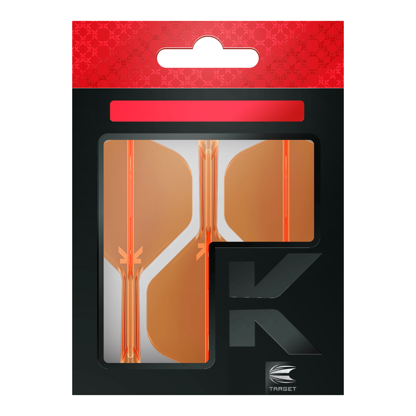 Target K-Flex No2 Standard Flight System - Arancione Neon Die Abbildung zeigt eine Packung mit orangenen Dart-Flights der Marke Target. Die Verpackung ist überwiegend schwarz mit einem roten oberen Abschnitt.