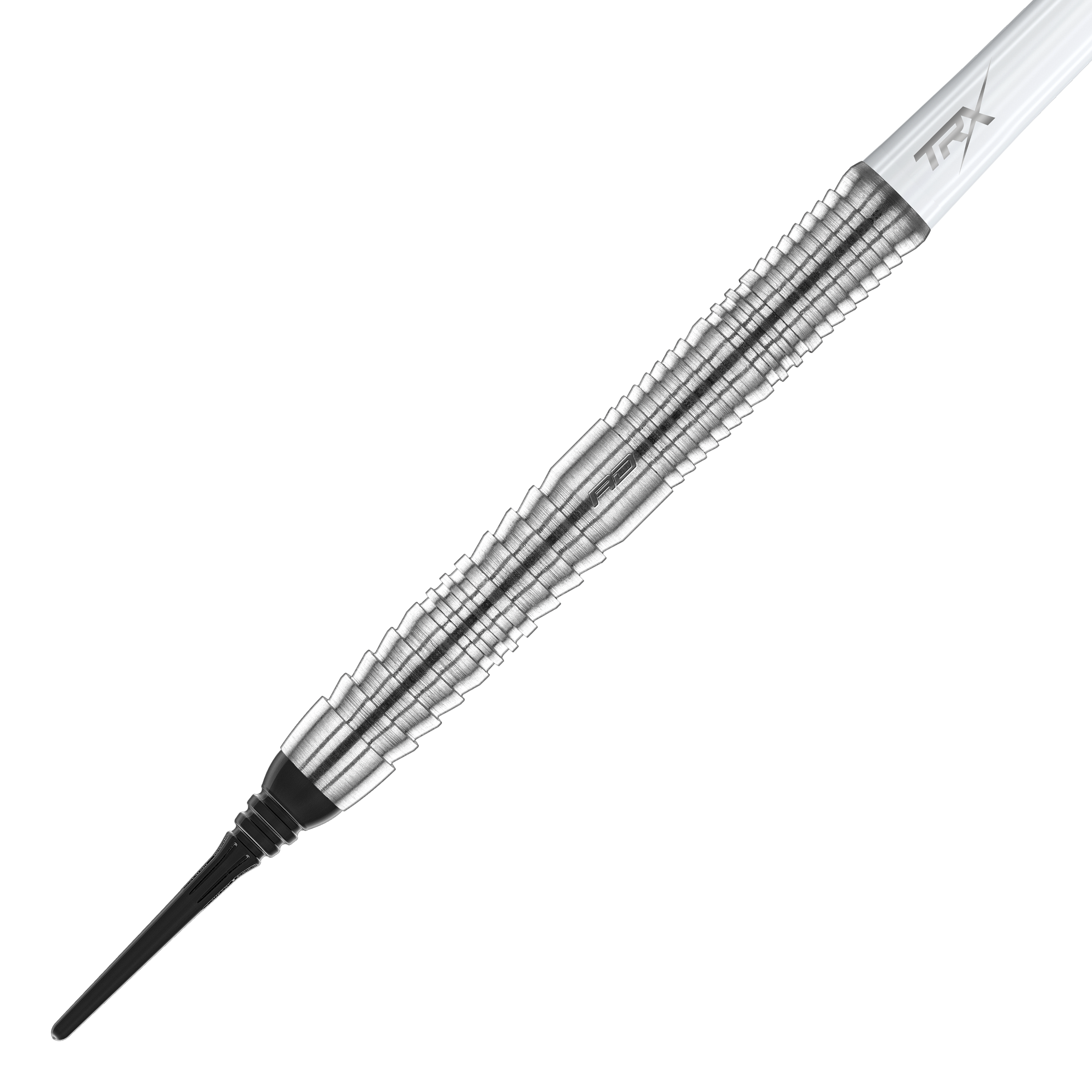 Red Dragon Seren 1 Freccette morbide pure - 20 g Das Bild zeigt einen Red Dragon Seren 1 Pure Softdart mit einem Gewicht von 20 Gramm. Der Dartpfeil hat ein silberfarbenes, geriffeltes Metallgehäuse und eine schwarze Softspitze.