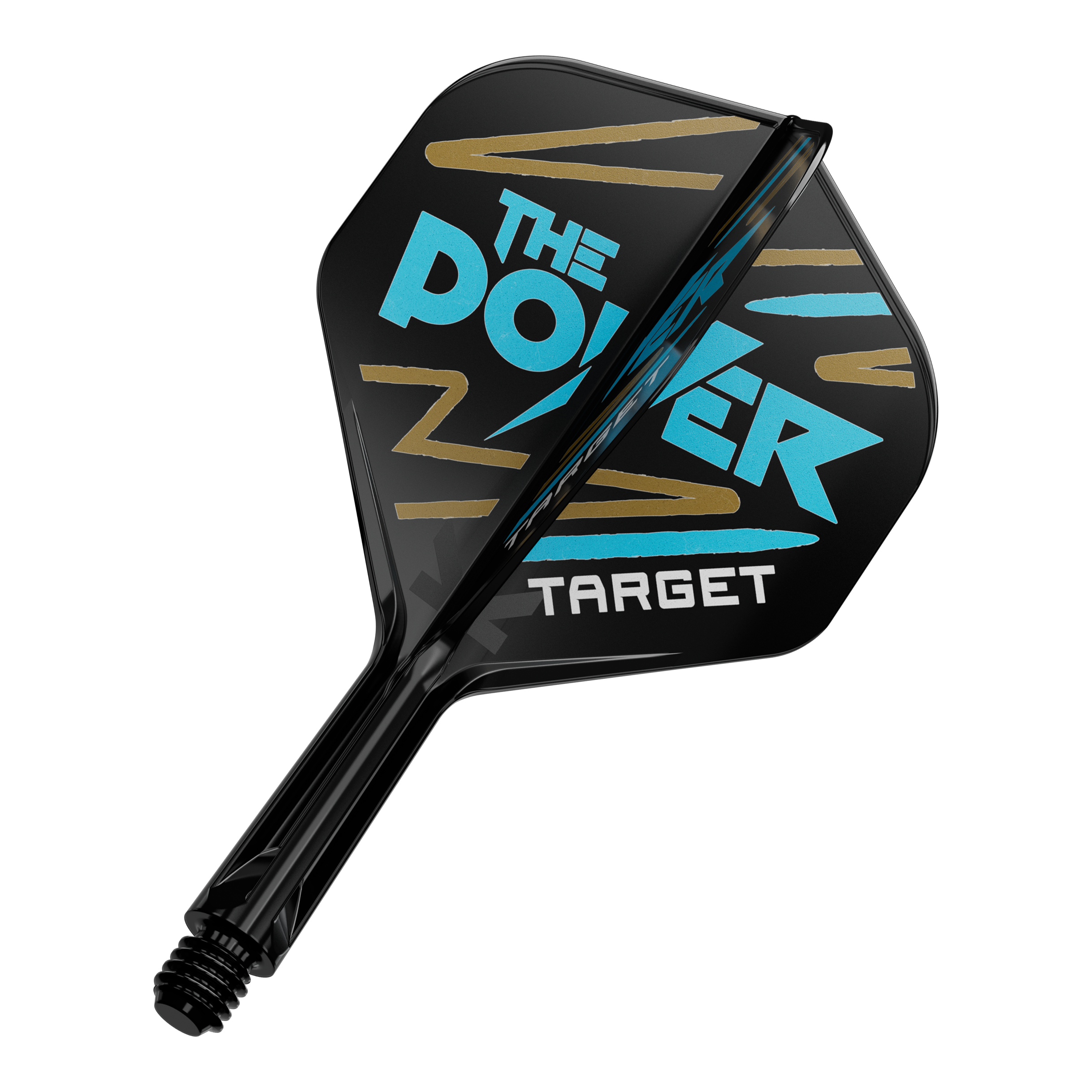 Sistema di alberi di volo standard Target K-Flex Phil Taylor No2 Das Bild zeigt einen schwarzen Dartflight mit der Aufschrift "THE POWER" in blauer Farbe. Darunter steht das Wort "TARGET" in weißer Schrift.