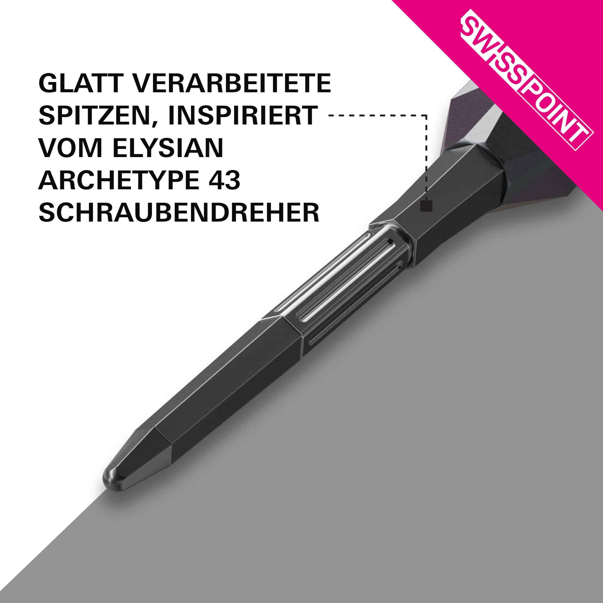 Punte per freccette Target Elysian Archetype 43 Swiss Point in acciaio - Nere Die Target Elysian Archetype 43 Swiss Point Steeldartspitzen in Schwarz sind dargestellt. Sie eignen sich hervorragend für präzise Würfe beim Dartspiel.