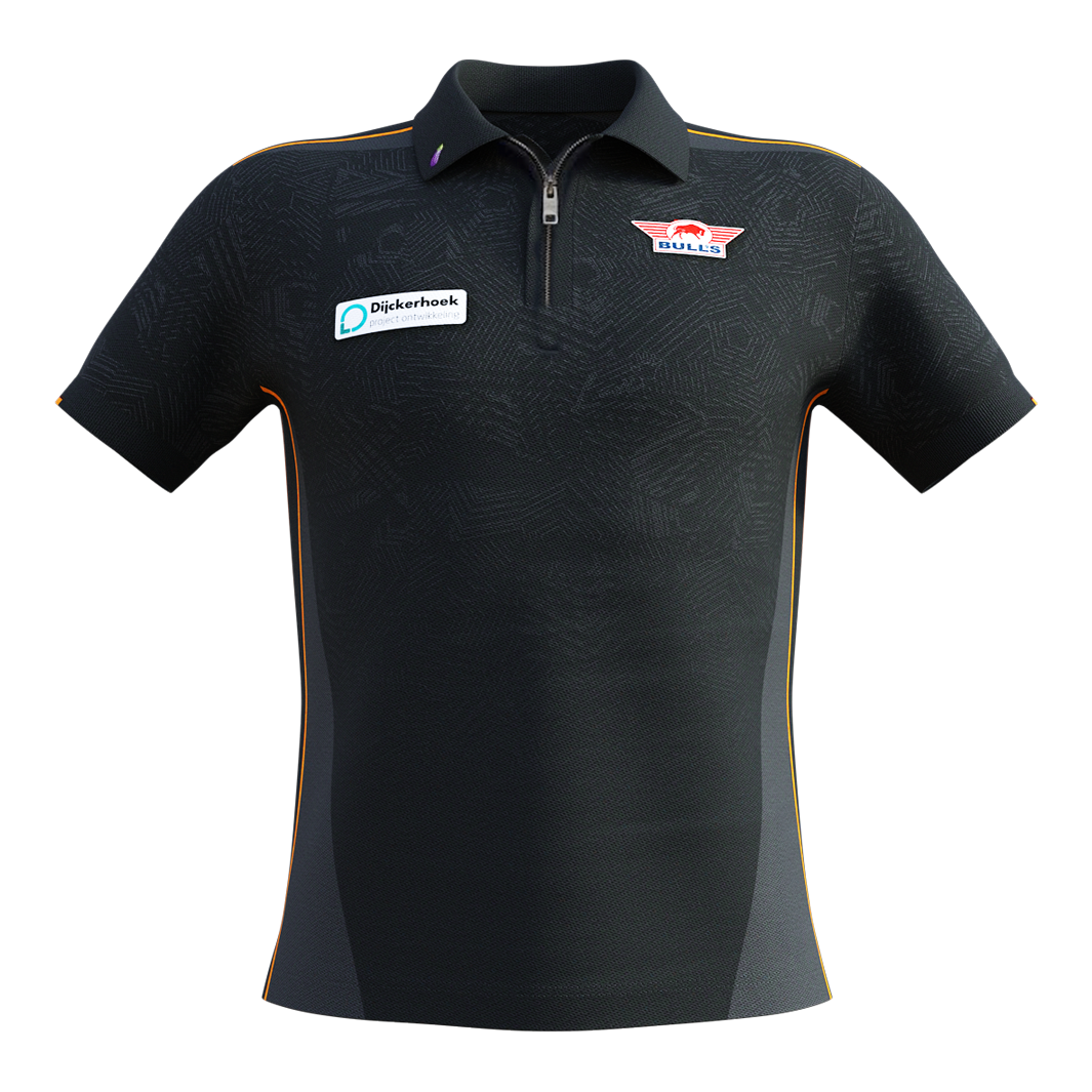 Maglia gara Bulls NL Dirk Van Duijvenbode 2025 Das Bild zeigt ein schwarzes Matchshirt mit kurzen Ärmeln und orangefarbenen Akzenten. Auf der Brust sind das Bulls NL Logo und ein Sponsorenaufnäher zu sehen.