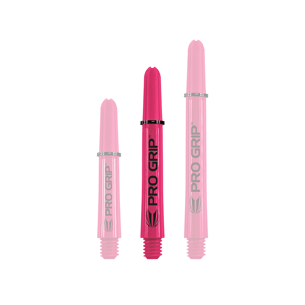 110856_Target_Pro_Grip_Shafts_Pink_41mm_1 Das Bild zeigt drei pinke Pro Grip Shafts für Darts in verschiedenen Längen. Auf jedem Schaft steht deutlich der Schriftzug "PRO GRIP".