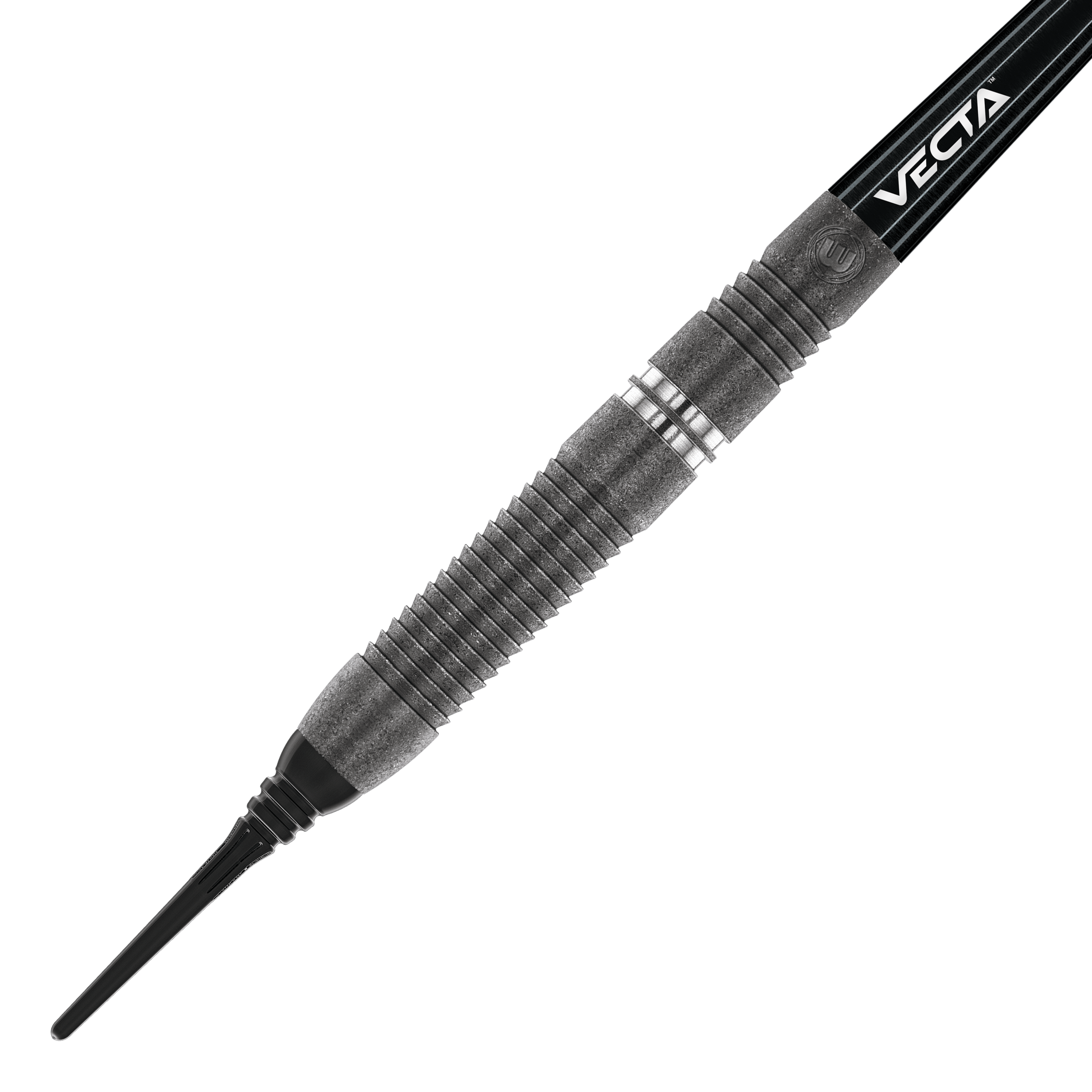 Freccette morbide Winmau Callisto 03 - 20 g Das Bild zeigt einen Winmau Callisto 03 Softdart mit einem Gewicht von 20g. Der Dart hat ein modernes, schwarzes Design mit silbernen Ringen und strukturierter Griffzone.