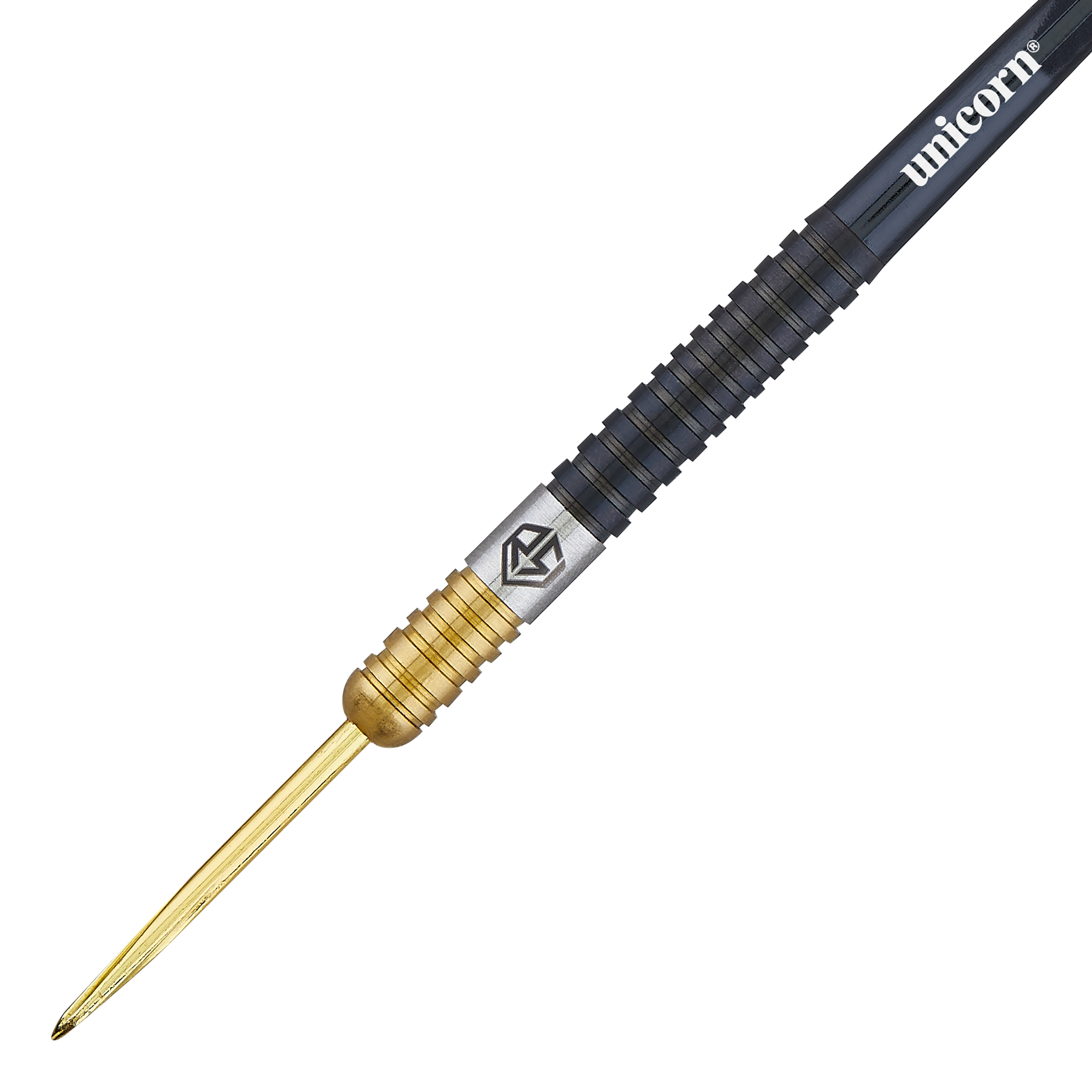 Freccette in acciaio bicolore Unicorn Ross Smith Das Bild zeigt einen Steeldart aus der Unicorn Ross Smith Two-Tone Serie. Der Dart ist zweifarbig mit einem goldenen vorderen Teil und einem schwarzen hinteren Teil gestaltet.