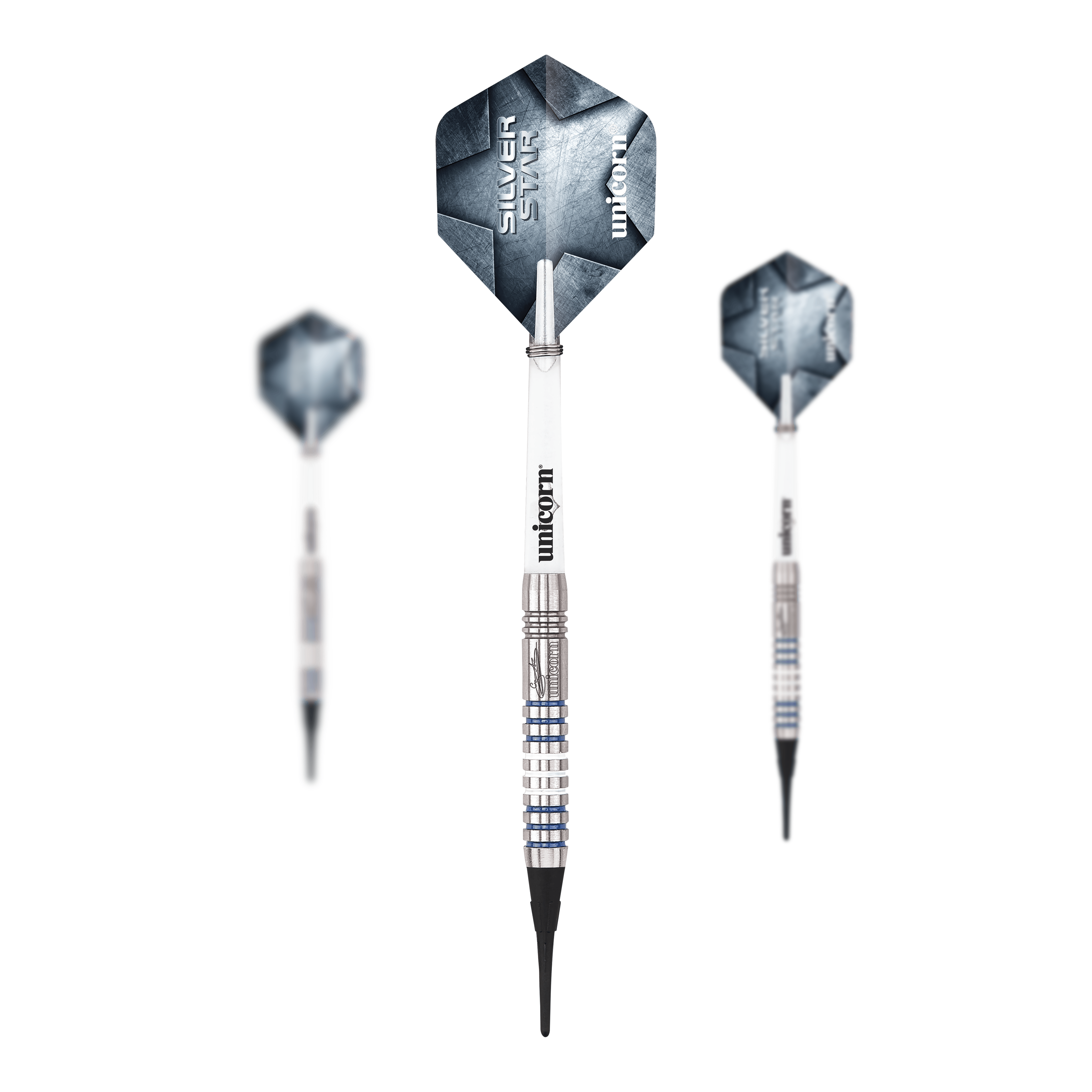 Freccette morbide Unicorn Silver Star Var.3 Gary Anderson Das Produkt Unicorn Silver Star Var.3 Gary Anderson Softdarts ist als Set abgebildet. Man sieht die Dartpfeile in einer Verpackung angeordnet.
