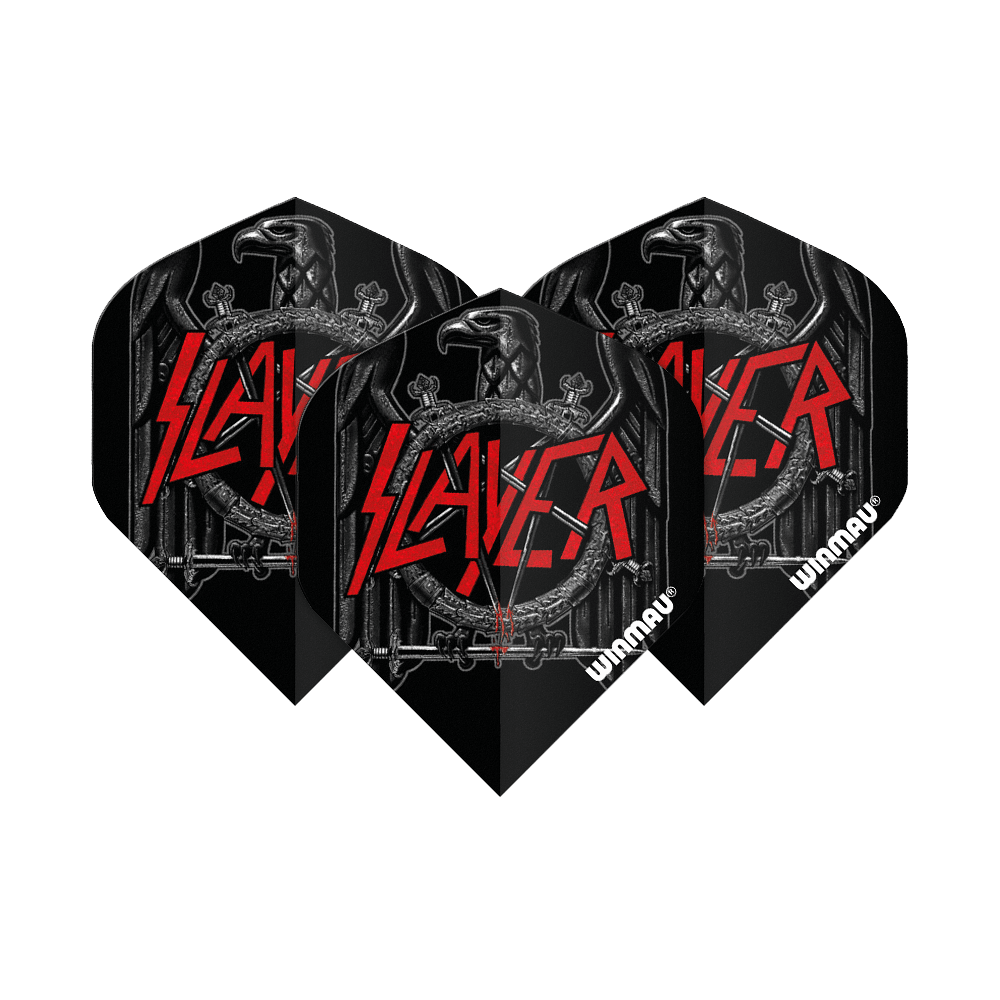 6905-221_Winmau_Rockstar_Legends_Slayer_Black_Eagle_Standard_Flights_1ubmwtJlIoAvVT Das Bild zeigt drei Dartflights mit dem Slayer-Logo und einem schwarzen Adler-Design. Die Flights sind mit "Winmau" beschriftet und haben eine rockige Optik.