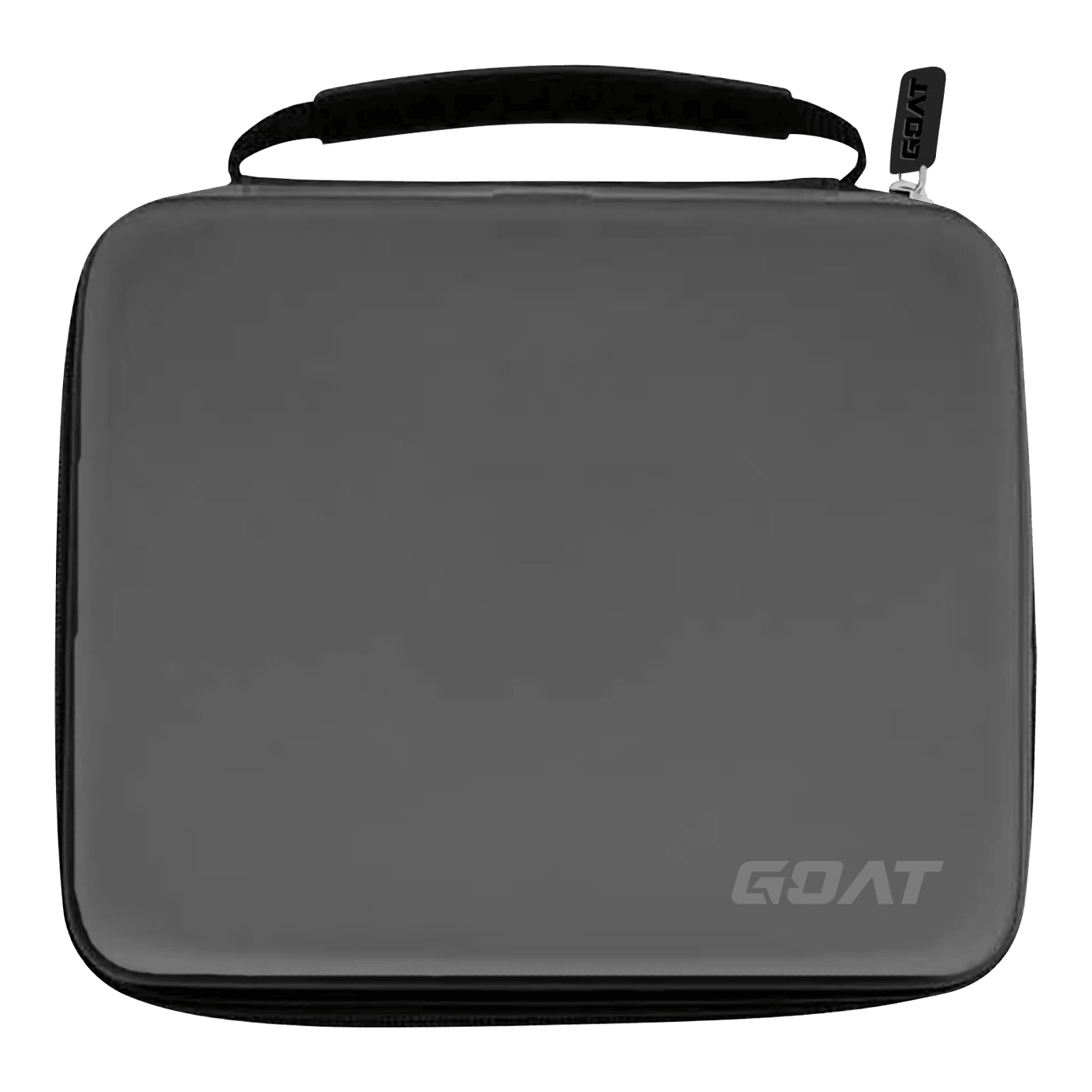 Portafoglio per freccette GOAT Locker XXL Auf dem Bild ist ein graues Etui mit einem Griff und einem Reißverschluss zu sehen. In der rechten unteren Ecke befindet sich das Logo „GOAT“.