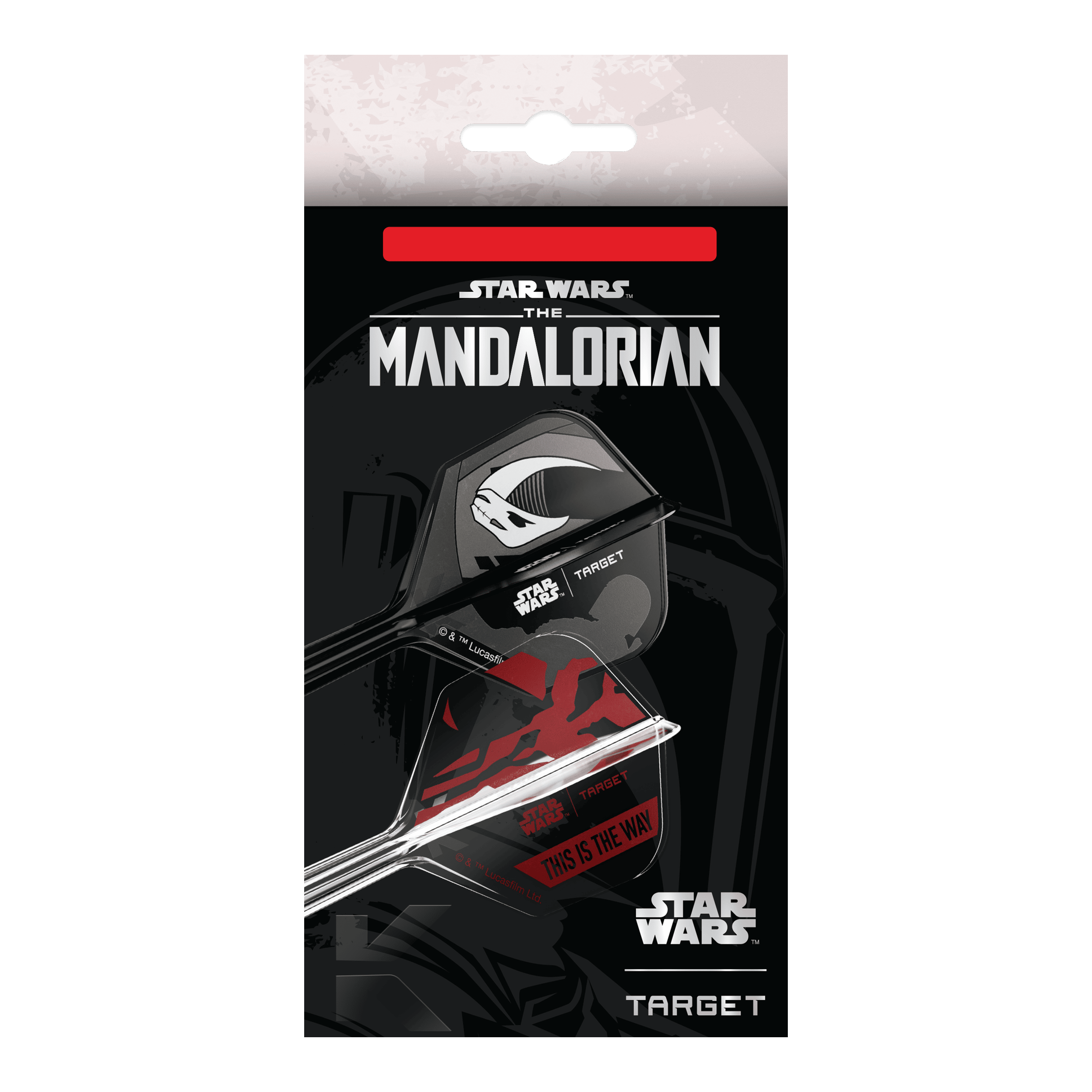 Set Target Star Wars K-Flex Mandalorian No6 Flights Das Bild zeigt das Target Star Wars K-Flex-Set Mandalorian No6 Flights. Das Produkt ist ein Dart-Set mit Mandalorian-Design aus der Star Wars Reihe.