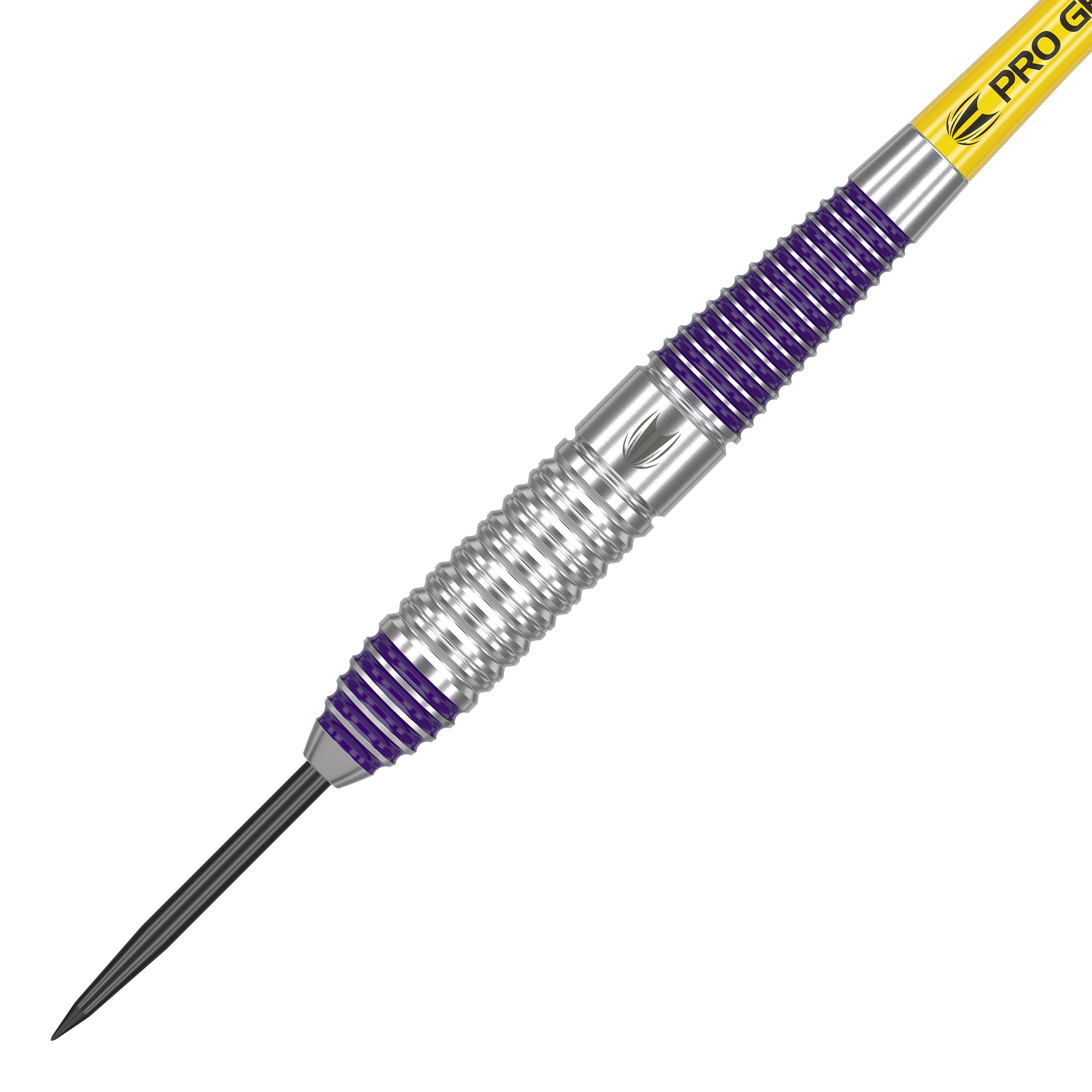 Freccette Target Luke Littler in ottone e acciaio - 22 g Das Bild zeigt einen Target Luke Littler Brass Steeldart mit einem Gewicht von 22g. Der Dart hat silberne und violette Rillen am Griff sowie eine gelbe Beschriftung am Schaft.