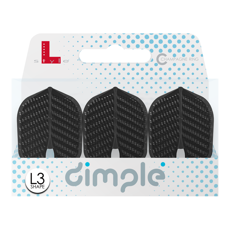 Alette stile L Dimple Champagne L3PRO Shape Das Bild zeigt eine Packung mit drei schwarzen L-Style Flights Dimple im L3PRO Shape. Die Verpackung ist weiß mit blauen Punkten und der Aufschrift „dimple“.