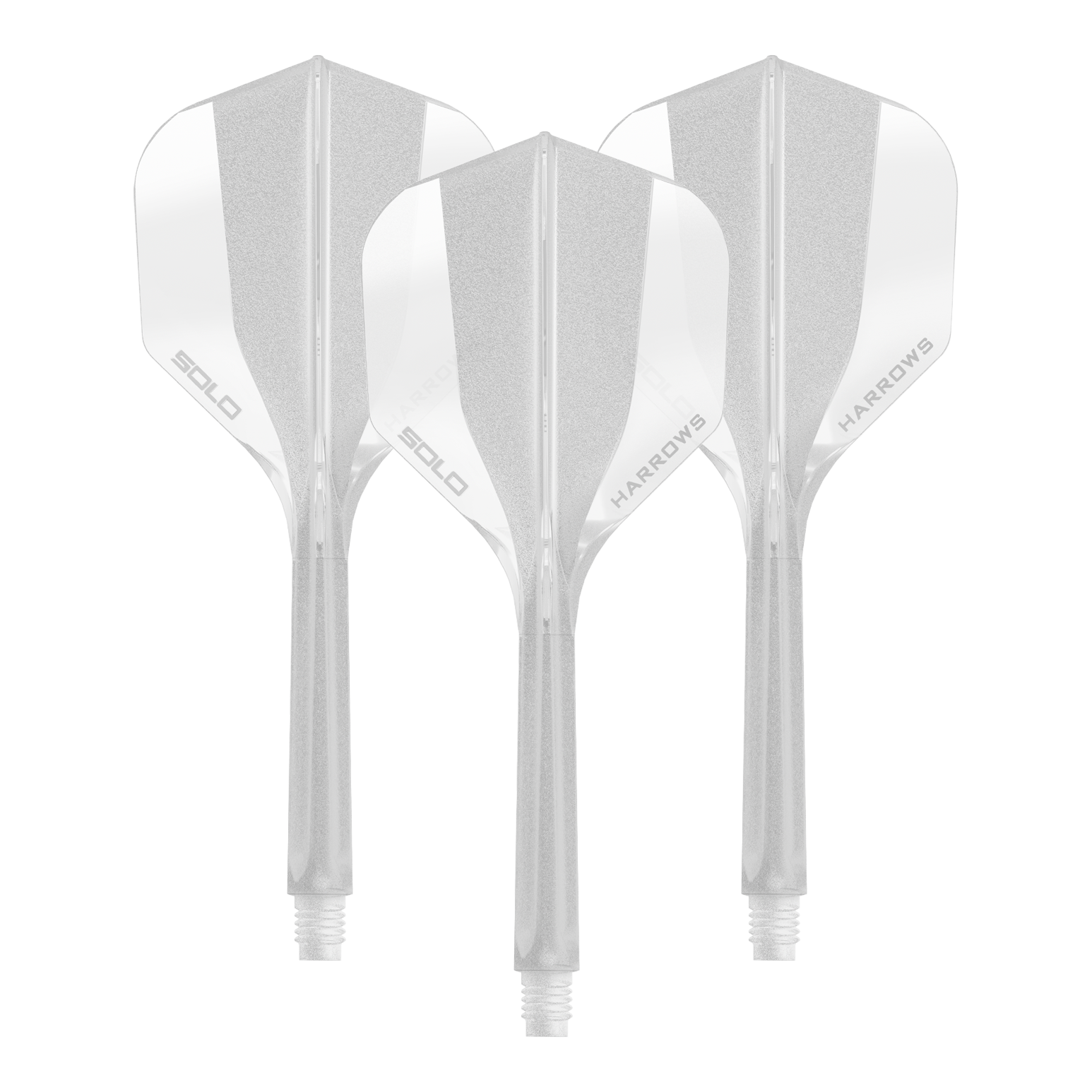 Ein transparentes Dart Flight Shaft System der Marke Harrows, Größe 35mm. Das Bild zeigt ein Set des No6 Solo Flight Shaft Systems in klarer Ausführung.