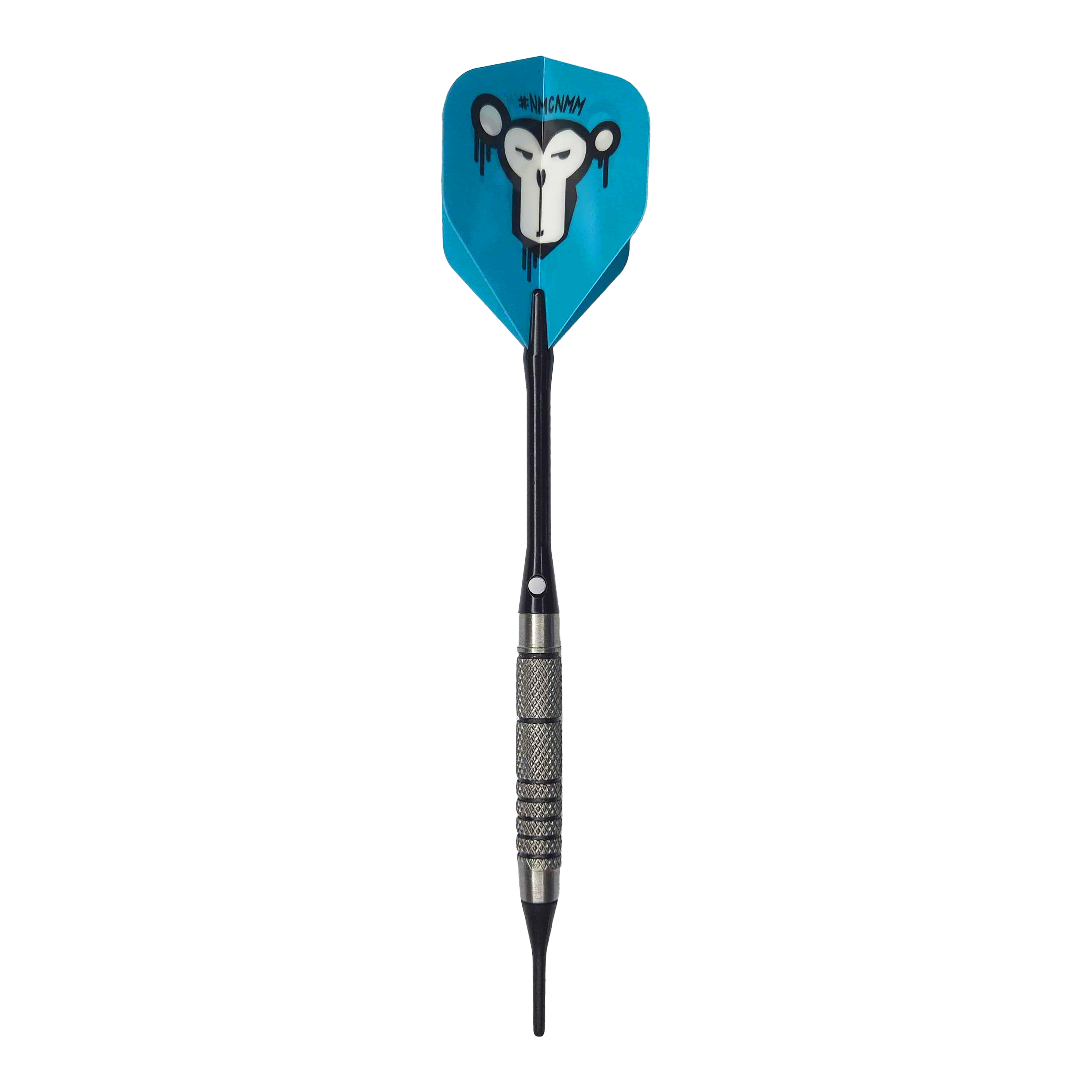 Freccette morbide McDart 85 Tungsten V10 - 17,5 g Der McDart 85er Tungsten V10 Softdart wiegt 17,5 Gramm und hat einen schwarzen, geriffelten Griff. Die blaue Flight zeigt ein Affengesicht mit künstlerischem Design.