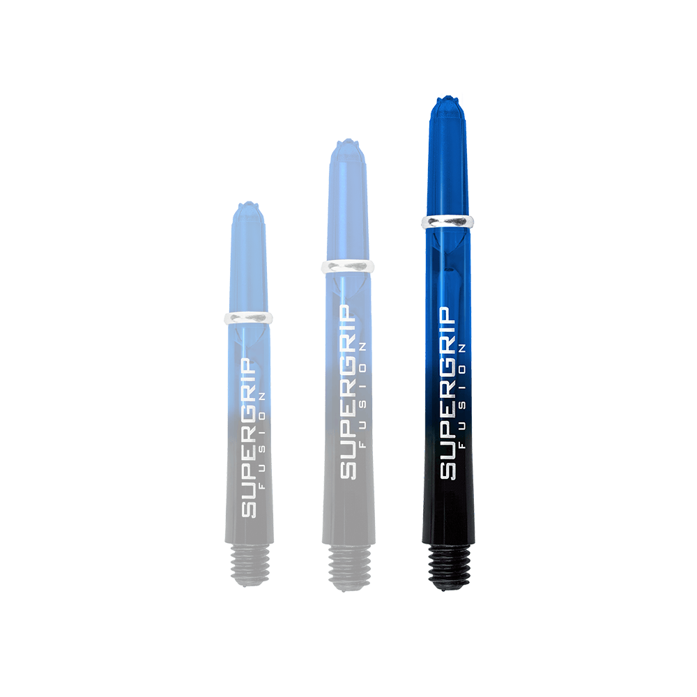 HR338_Harrows_Supergrip_Fusion_Shafts_Blau_47mm_1IBl6PTvnWC7Yv Das Bild zeigt drei blaue Harrows Supergrip Fusion Shafts in unterschiedlichen Längen. Die Schäfte sind für Dartpfeile geeignet und tragen den Schriftzug "SUPERGRIP FUSION".
