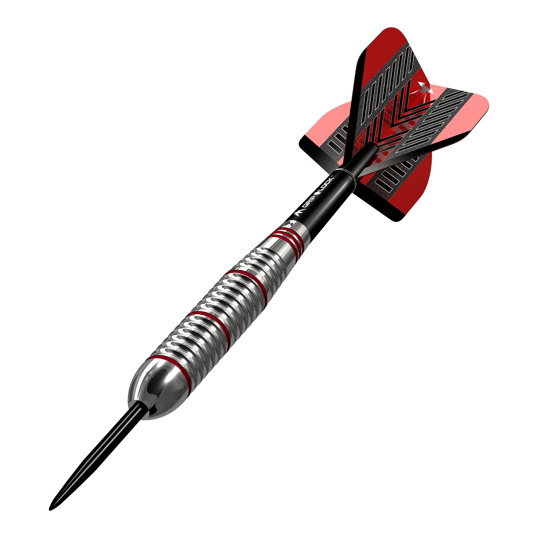 Freccette Mission Rogue in ottone e acciaio - 22 g Das Bild zeigt einen Mission Rogue Brass Steeldart mit einem Gewicht von 22g. Der Dartpfeil hat ein silbernes Griffstück mit roten Akzenten und rote Flights.