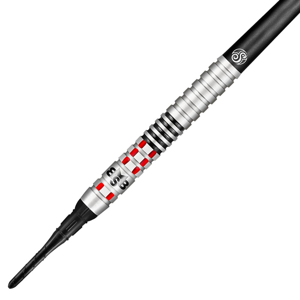 Shoto di Michael Smith Achieve Soft Darts Das Bild zeigt einen Shot Michael Smith Achieve Softdart. Der Dartpfeil ist silberfarben mit roten und schwarzen Akzenten und hat eine strukturierte Griffzone.