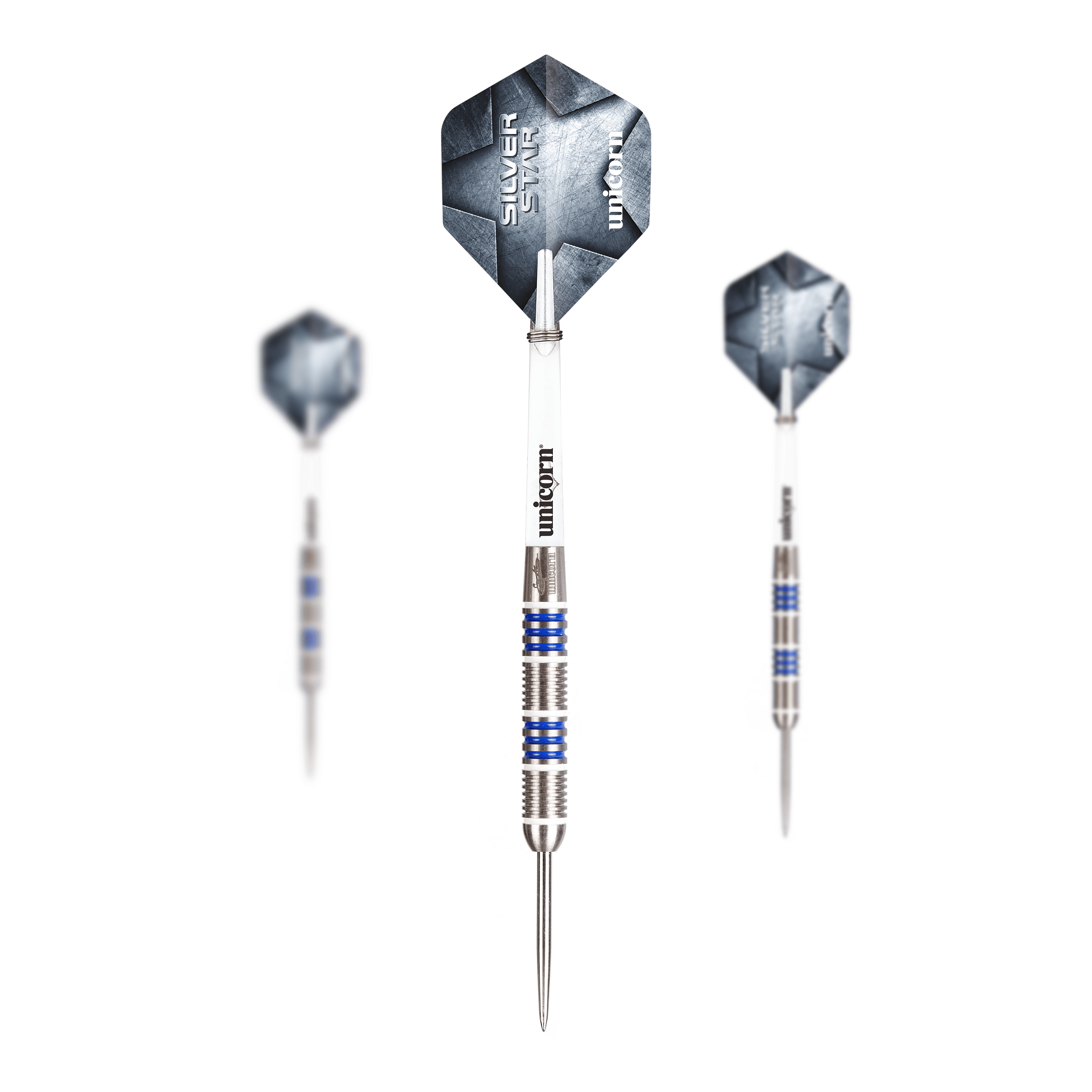 Freccette in acciaio Unicorn Silver Star Var.4 Gary Anderson Abgebildet ist ein Set Unicorn Silver Star Var.4 Gary Anderson Steeldarts. Das Set besteht aus mehreren silbernen Darts mit Flights.